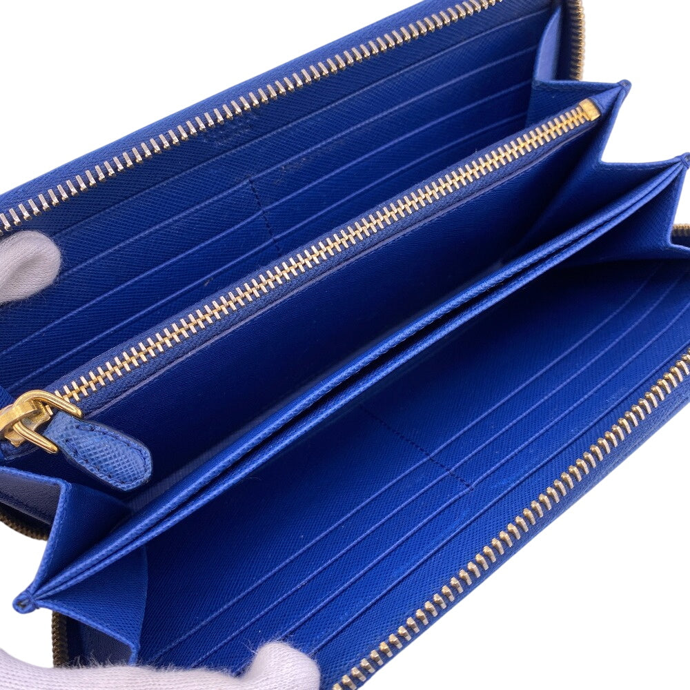 Prada Long Wallet Purse Leather Blue Zip Around Bicolor Logo Women
