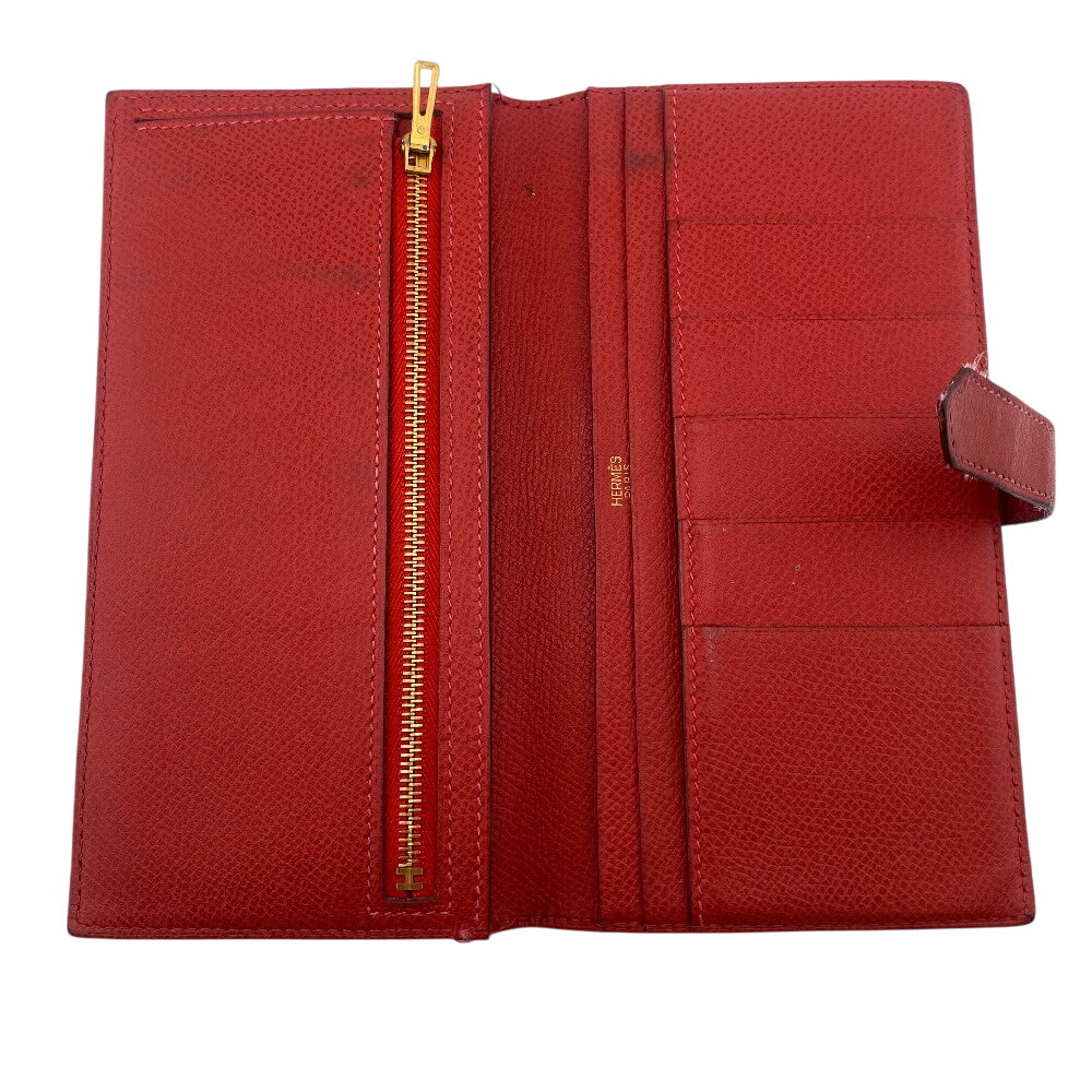 Hermes Long Wallet Purse Leather Red Bean Women