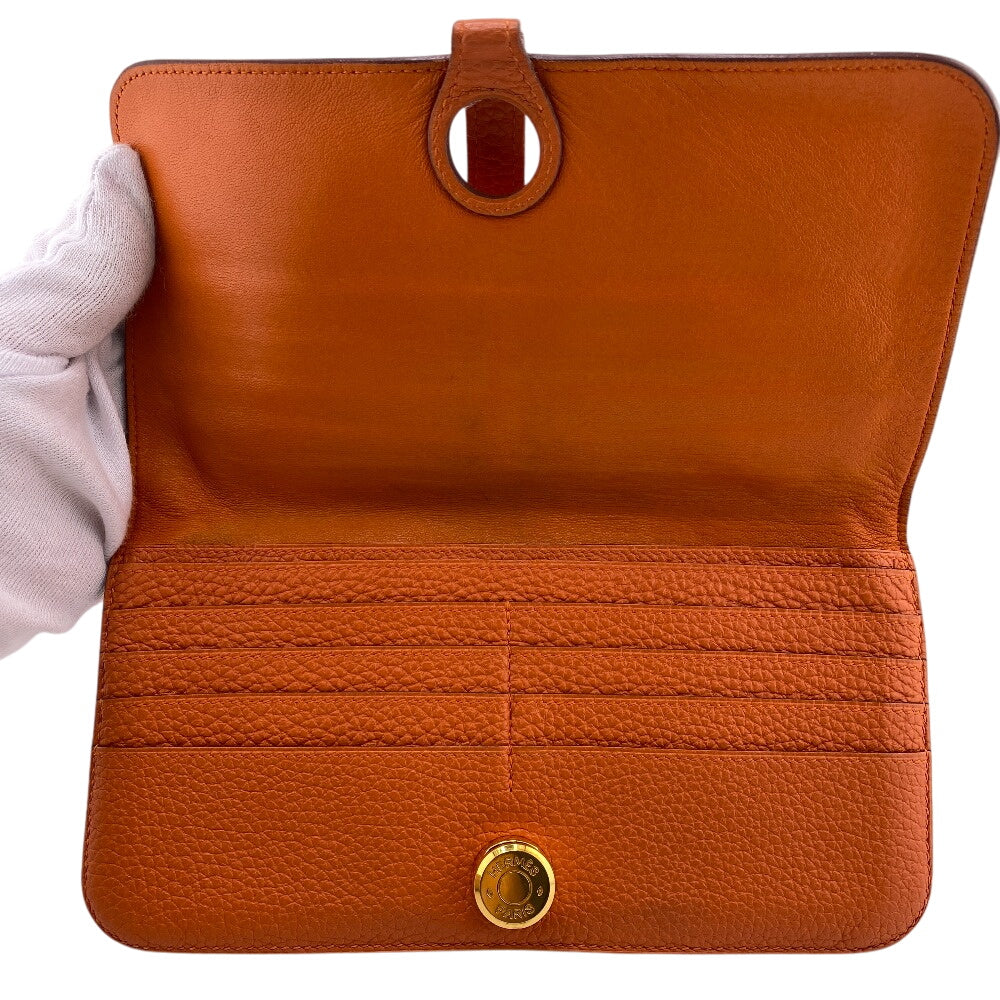 Hermes Long Wallet Purse Taurillon Clemence, Gold Orange Dogon Long Mens