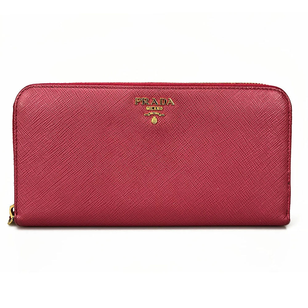 Prada Long Wallet Purse 1Ml506 Embossed Leather Pink Zip Around Safiano Women