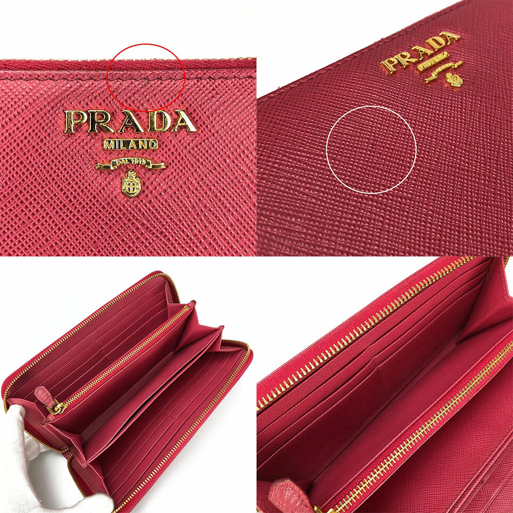 Prada Long Wallet Purse 1Ml506 Embossed Leather Pink Zip Around Safiano Women