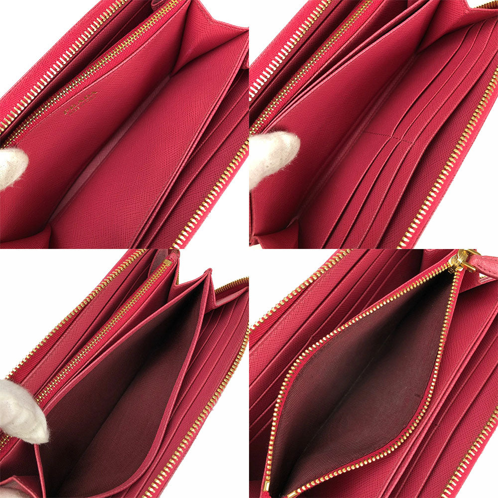Prada Long Wallet Purse 1Ml506 Embossed Leather Pink Zip Around Safiano Women