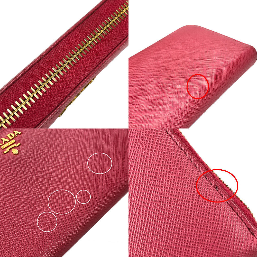 Prada Long Wallet Purse 1Ml506 Embossed Leather Pink Zip Around Safiano Women