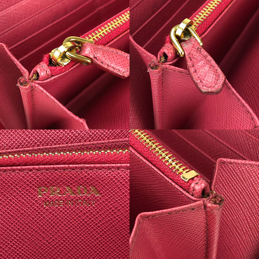 Prada Long Wallet Purse 1Ml506 Embossed Leather Pink Zip Around Safiano Women