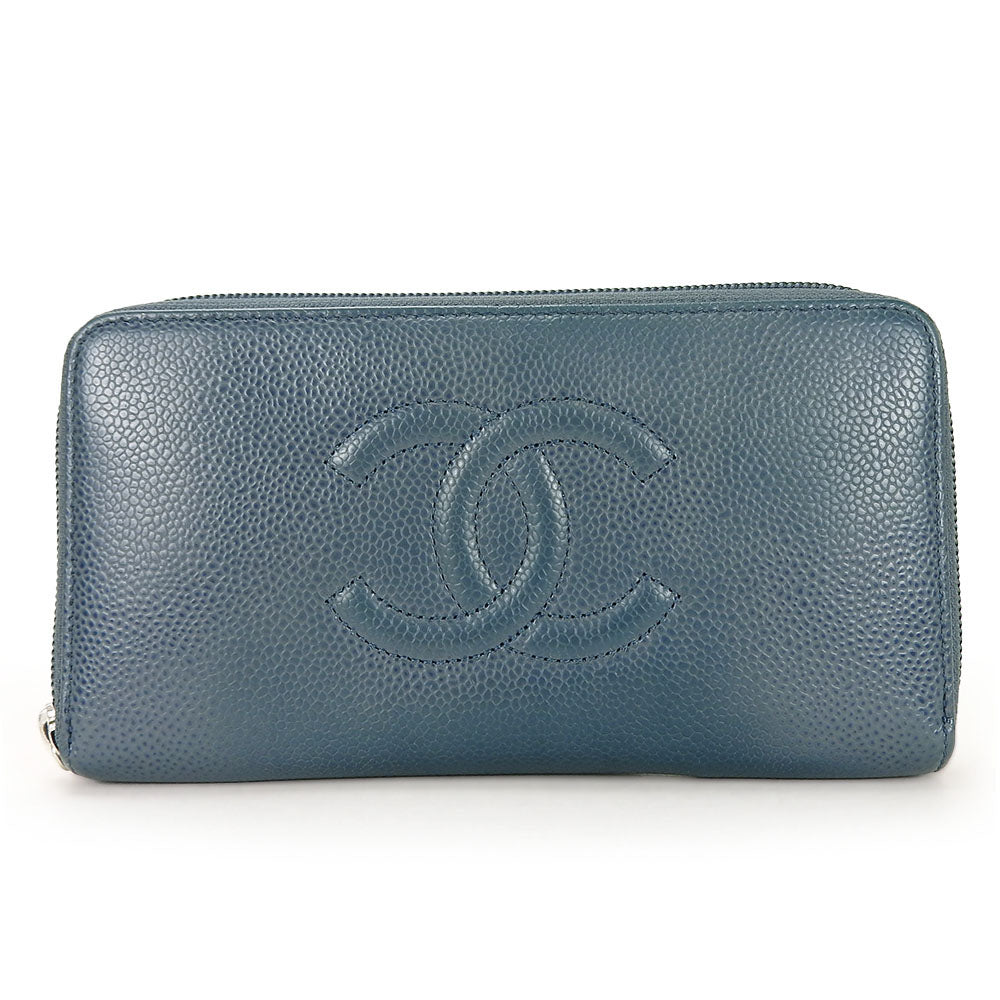 Chanel Long Wallet Purse Caviar Skin Blue Coco Mark