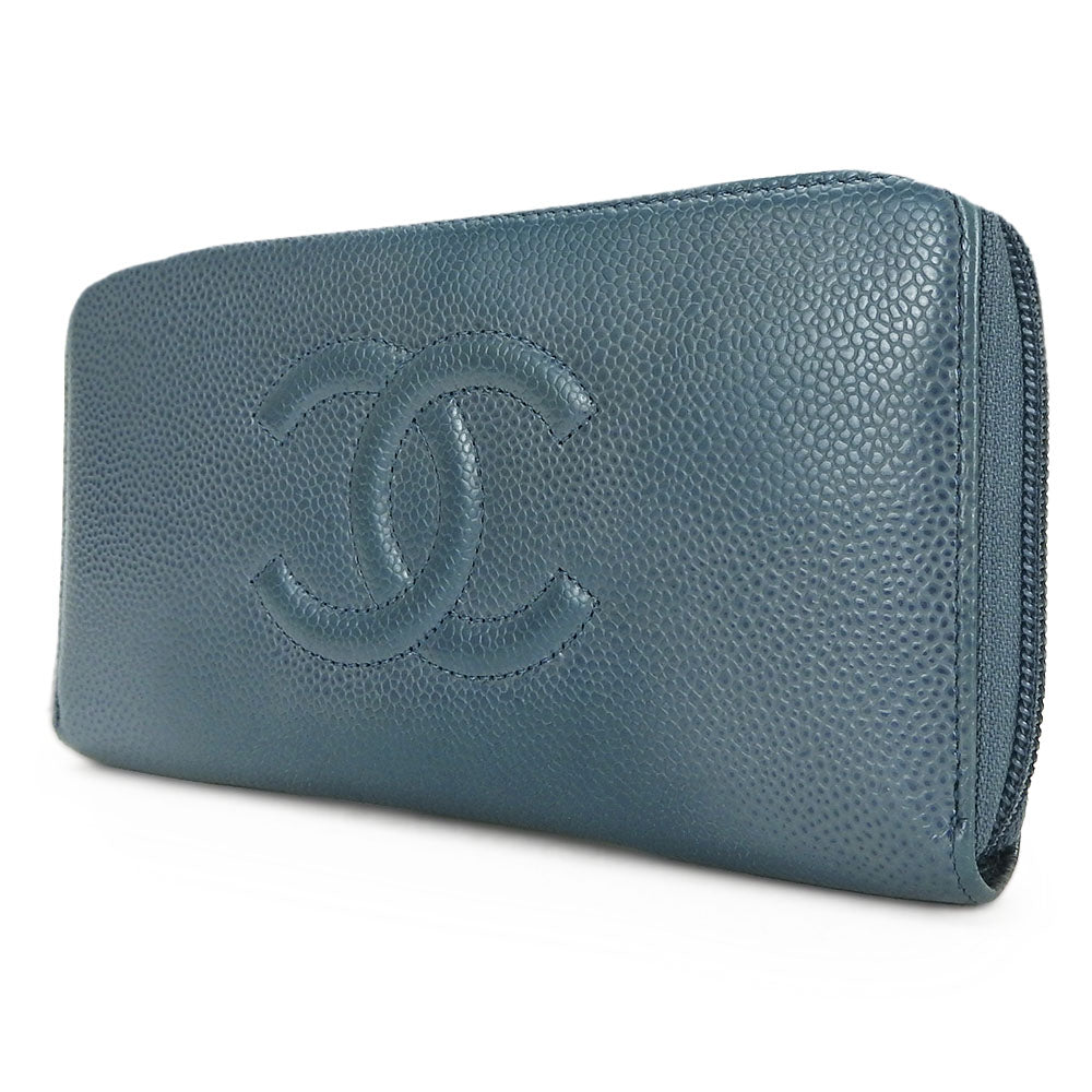 Chanel Long Wallet Purse Caviar Skin Blue Coco Mark