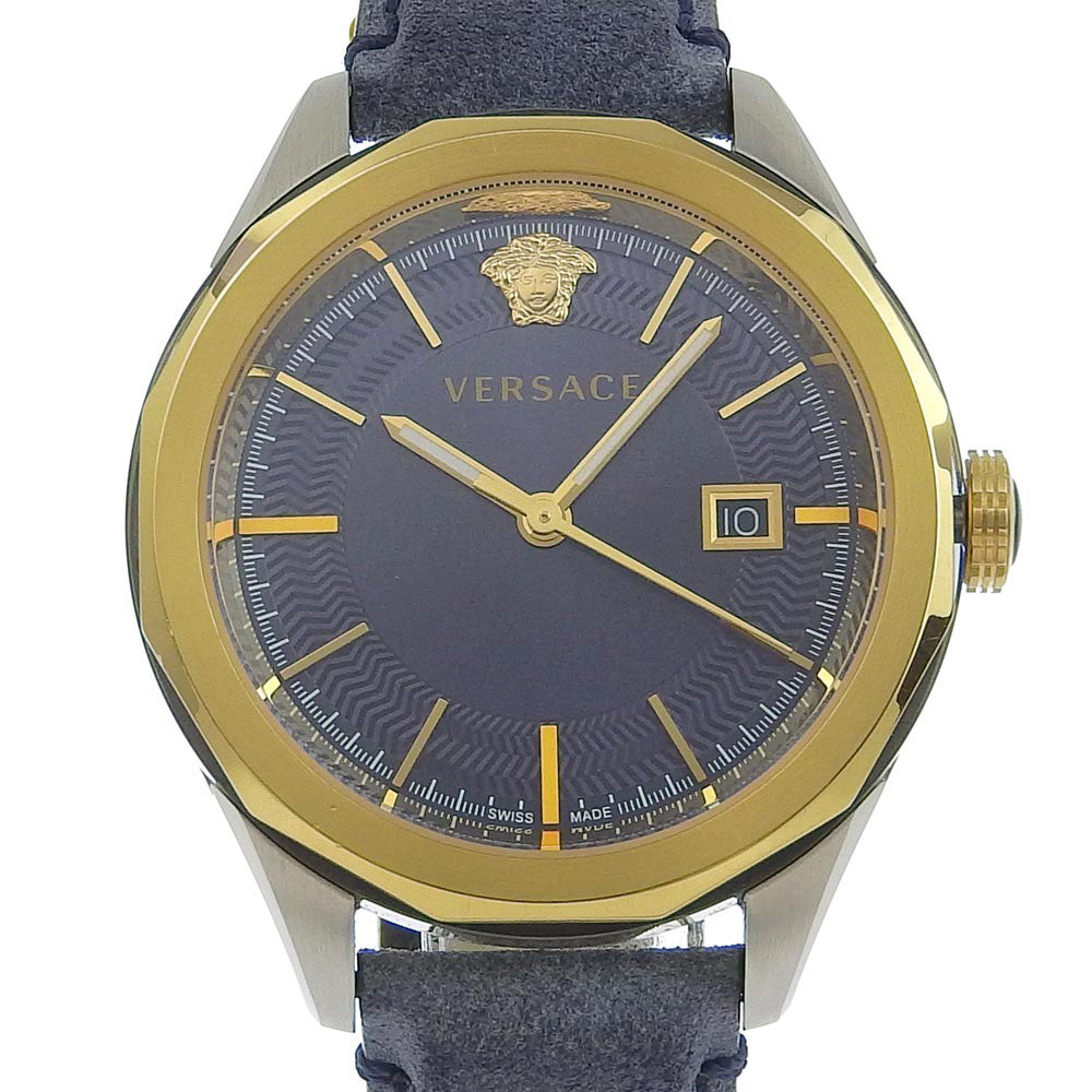 Versace Watches Quartz Wr5 Stainless Steel , Leather Gold Vera Navy Dial Mens