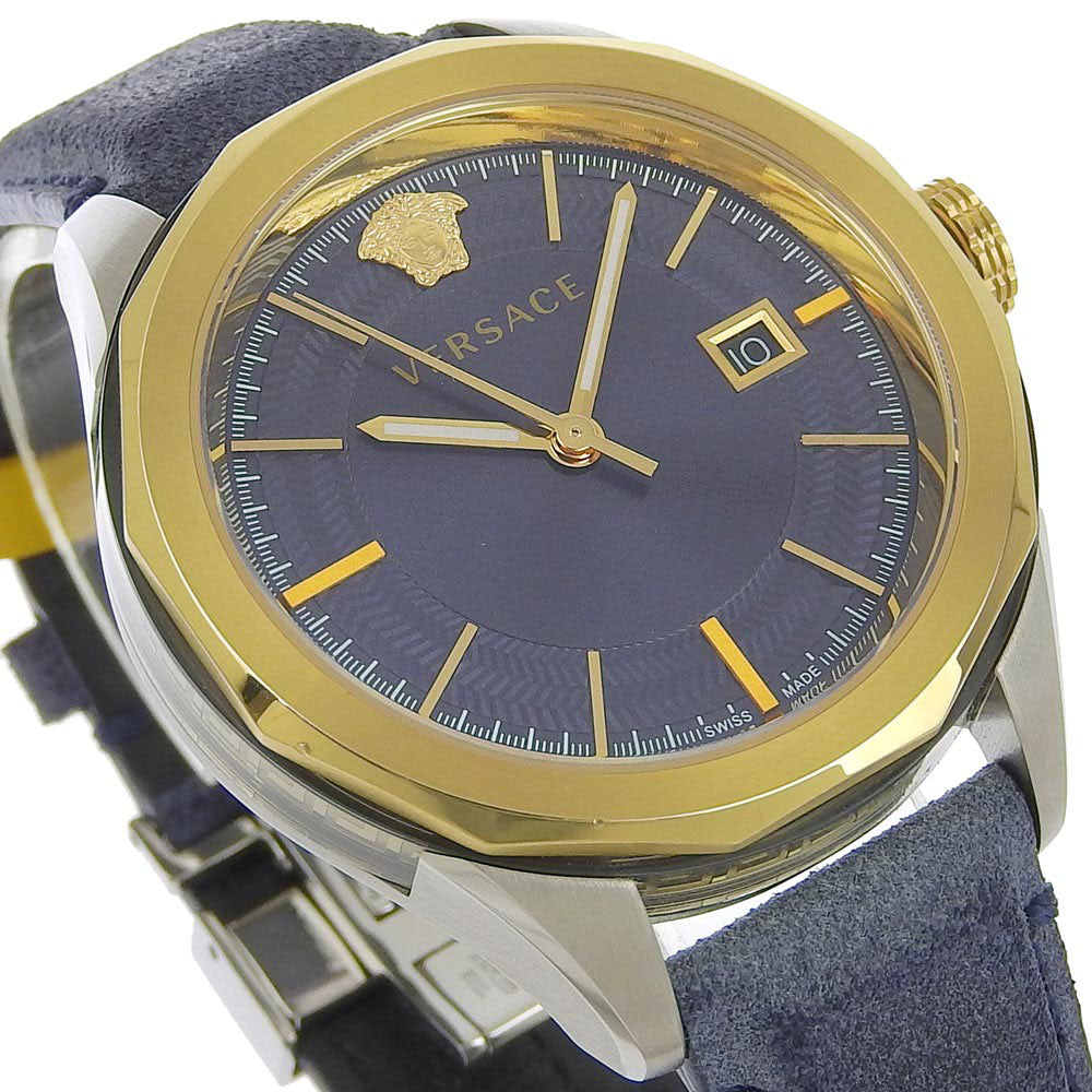 Versace Watches Quartz Wr5 Stainless Steel , Leather Gold Vera Navy Dial Mens