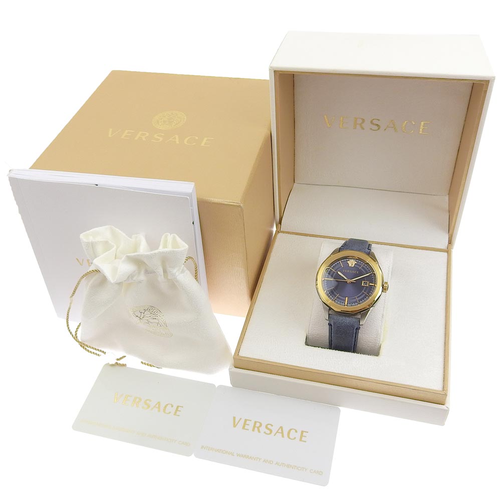 Versace Watches Quartz Wr5 Stainless Steel , Leather Gold Vera Navy Dial Mens