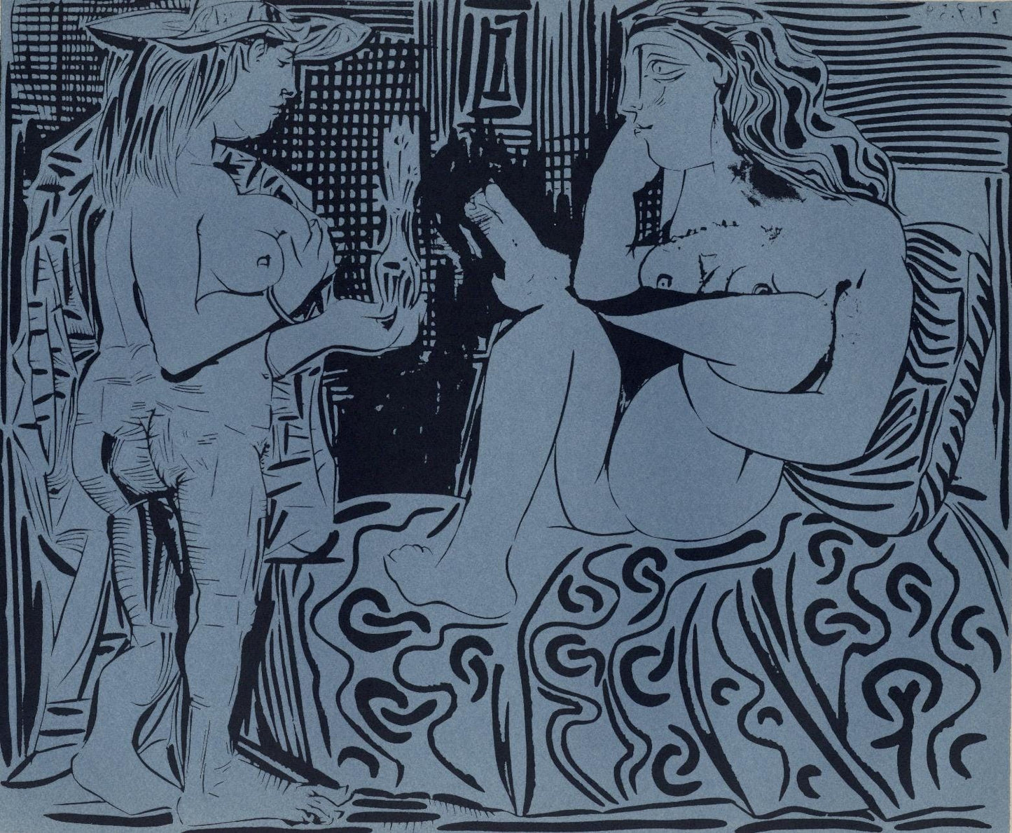 Pablo Picasso, Two Women With A Vase Of Flowers (Orozco 214), Grabados Al Linleo, Linocut