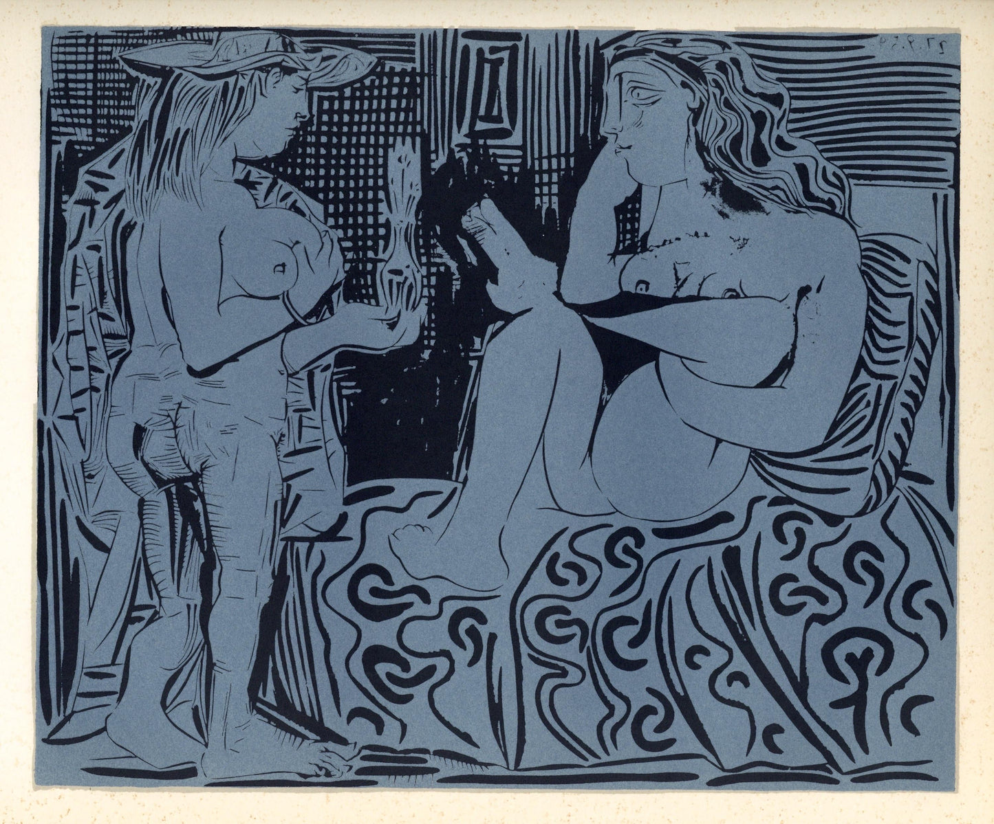 Pablo Picasso, Two Women With A Vase Of Flowers (Orozco 214), Grabados Al Linleo, Linocut