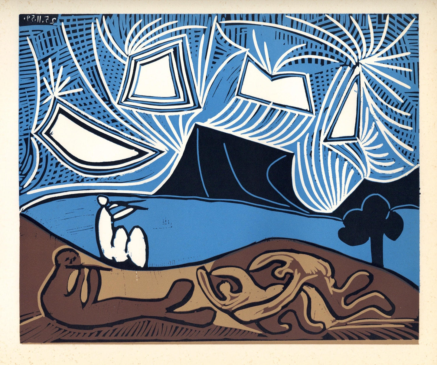 Pablo Picasso, Couple And Flutist At The Edge Of A Lake (Orozco 214), Grabados Al Linleo, Linocut