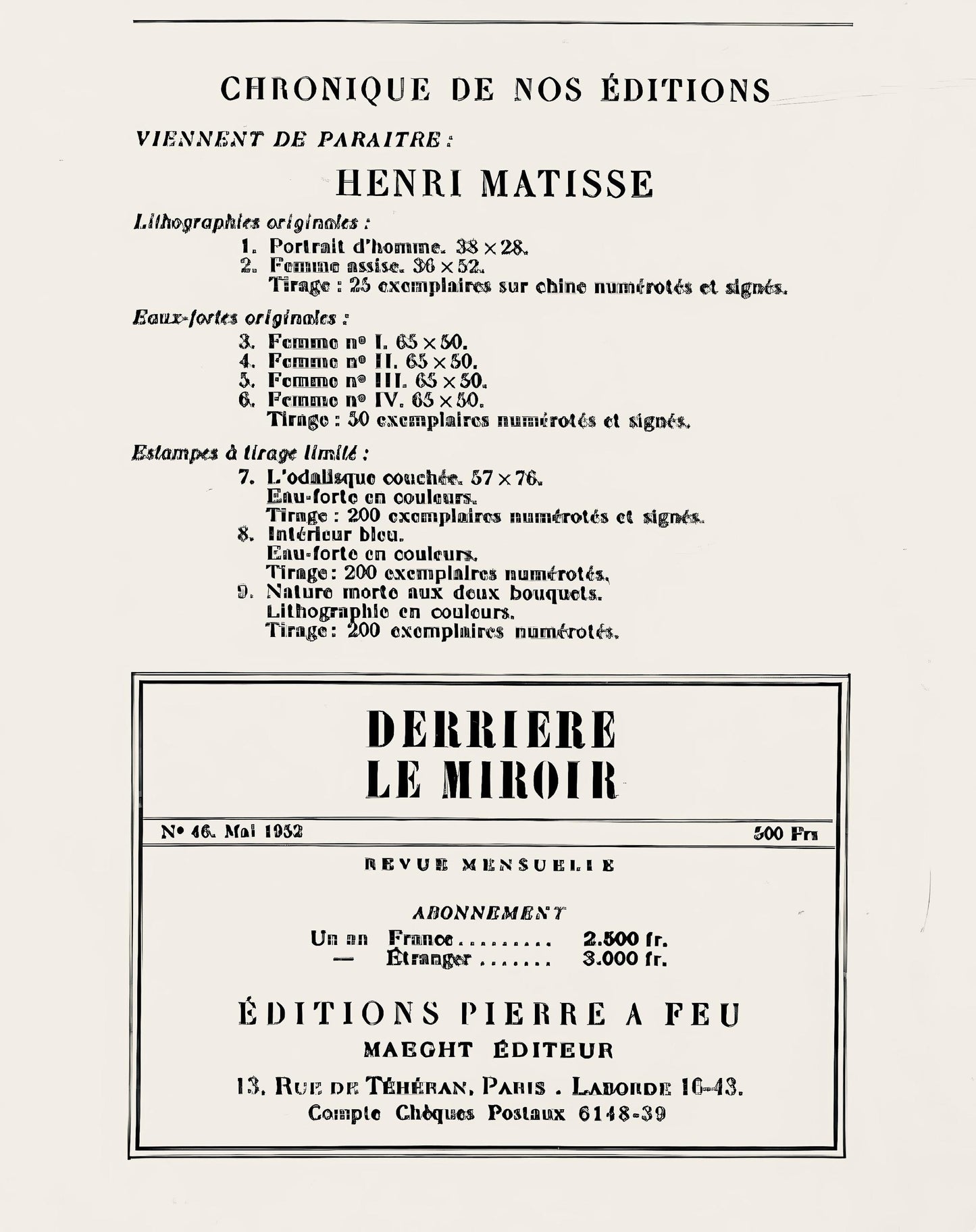 Henri Matisse, Composition, Derrire Le Miroir, Lithograph