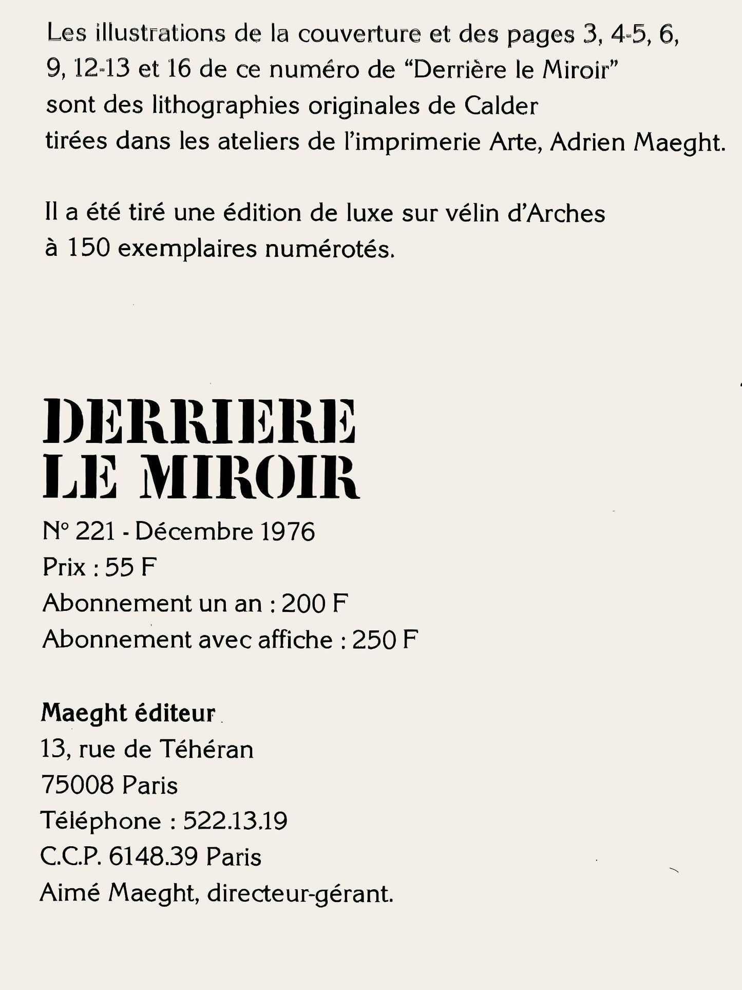 Alexander Calder, Composition, Derrire Le Miroir, Lithograph