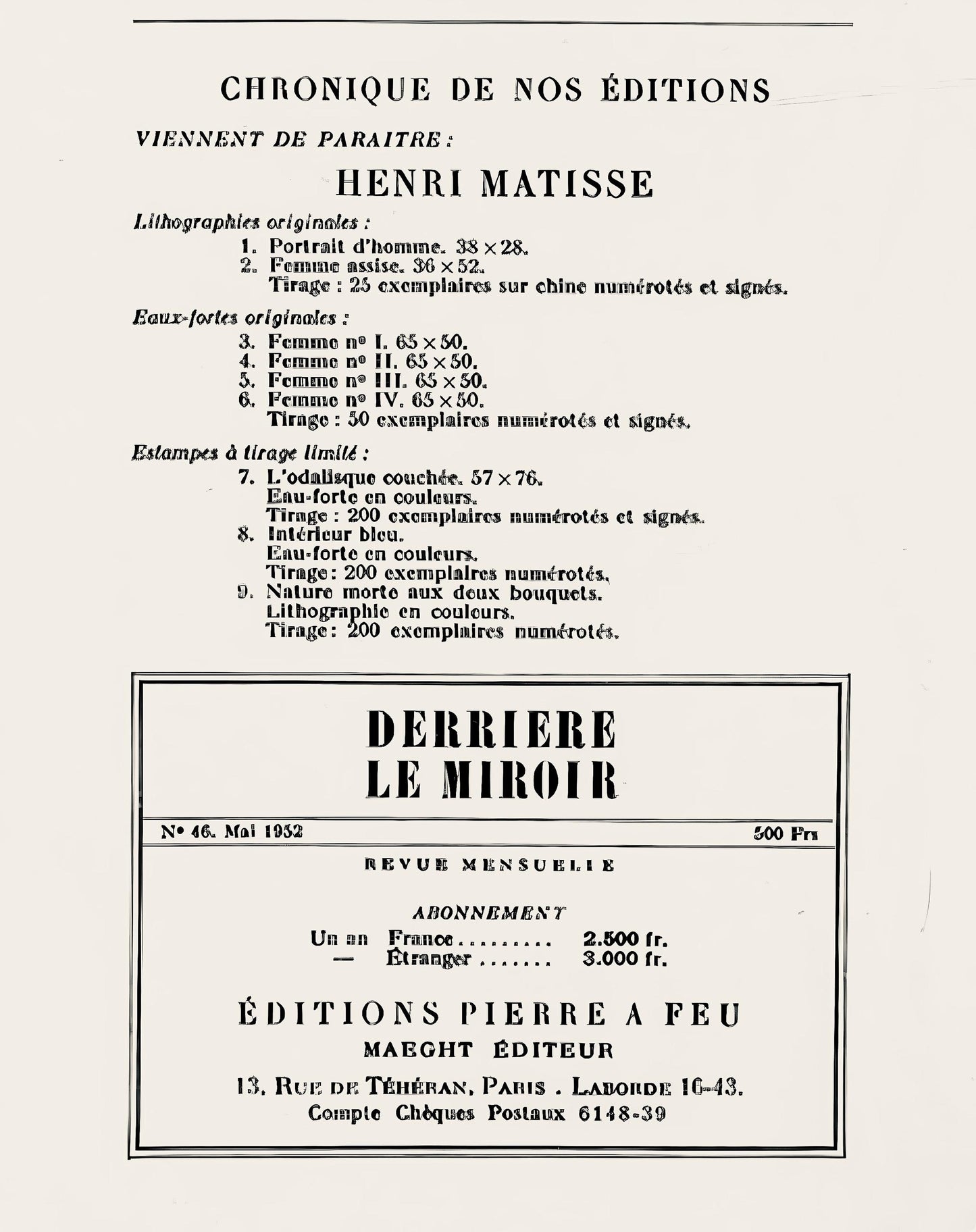 Henri Matisse, Composition, Derrire Le Miroir, Lithograph