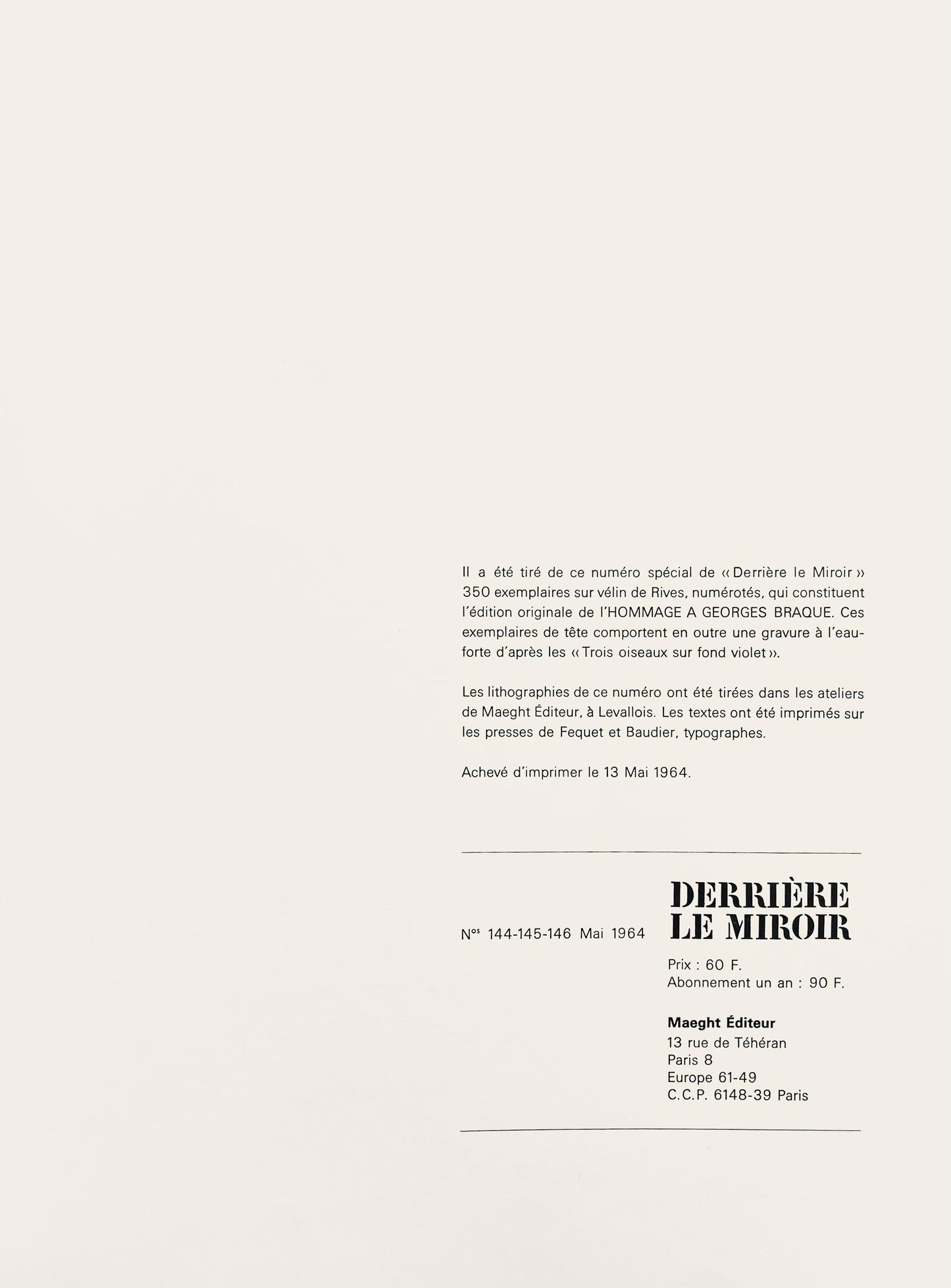 Joan Mir, Pome Pour Georges Braque (Cramer 87), Lhommage Georges Braque, Derrire Le Miroir,