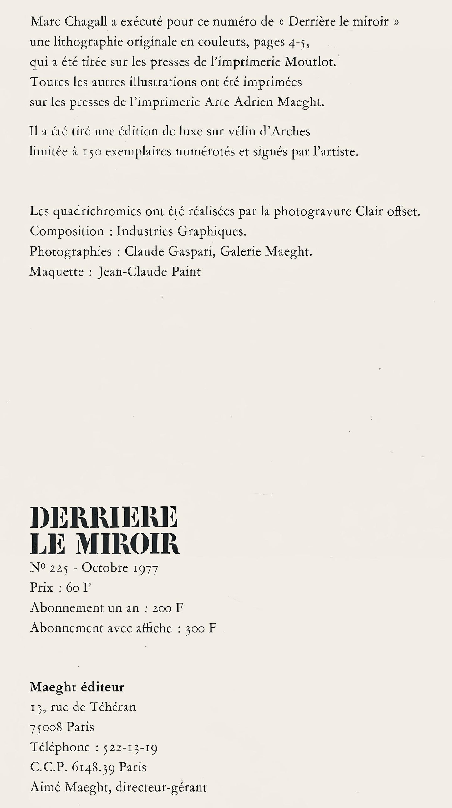 Marc Chagall, Composition (Cramer 104; Mourlot 917), Derrire Le Miroir, Lithograph