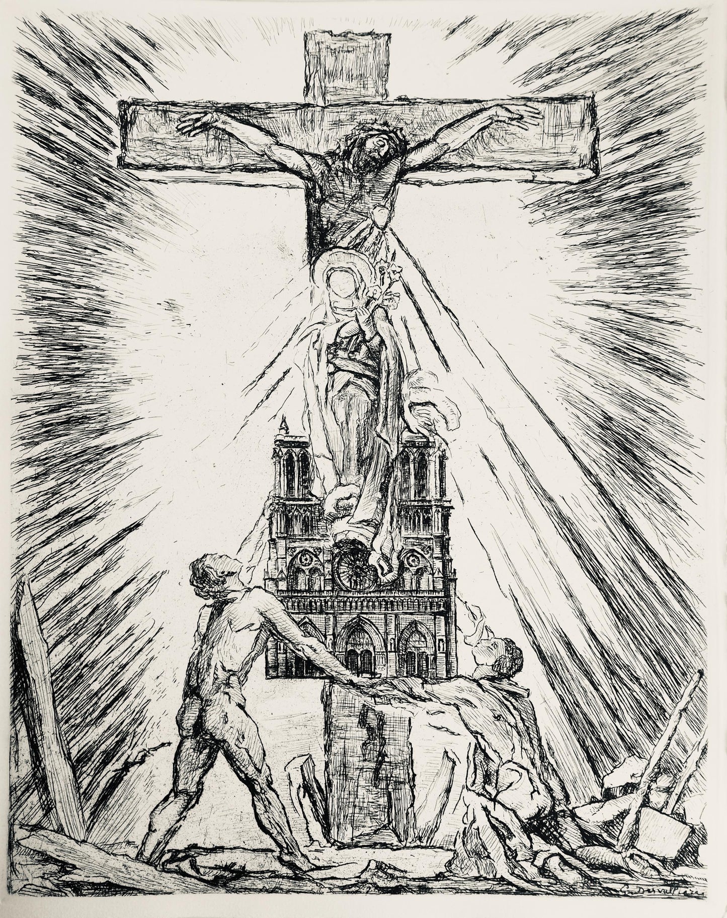 George Desvallires, Crucifix De Notre Dame, A La Gloire Paris, Etching