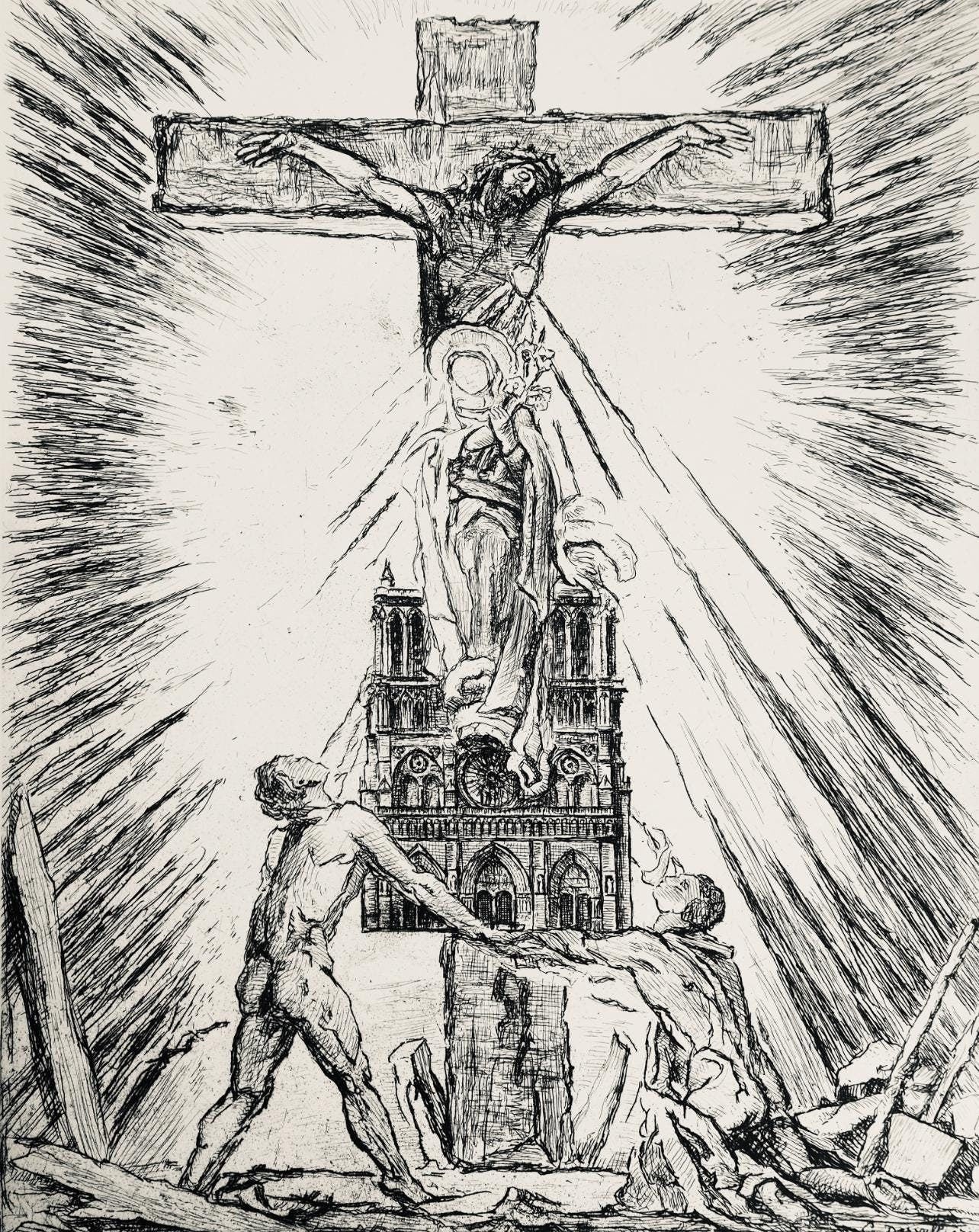 George Desvallires, Crucifix De Notre Dame, A La Gloire Paris, Etching