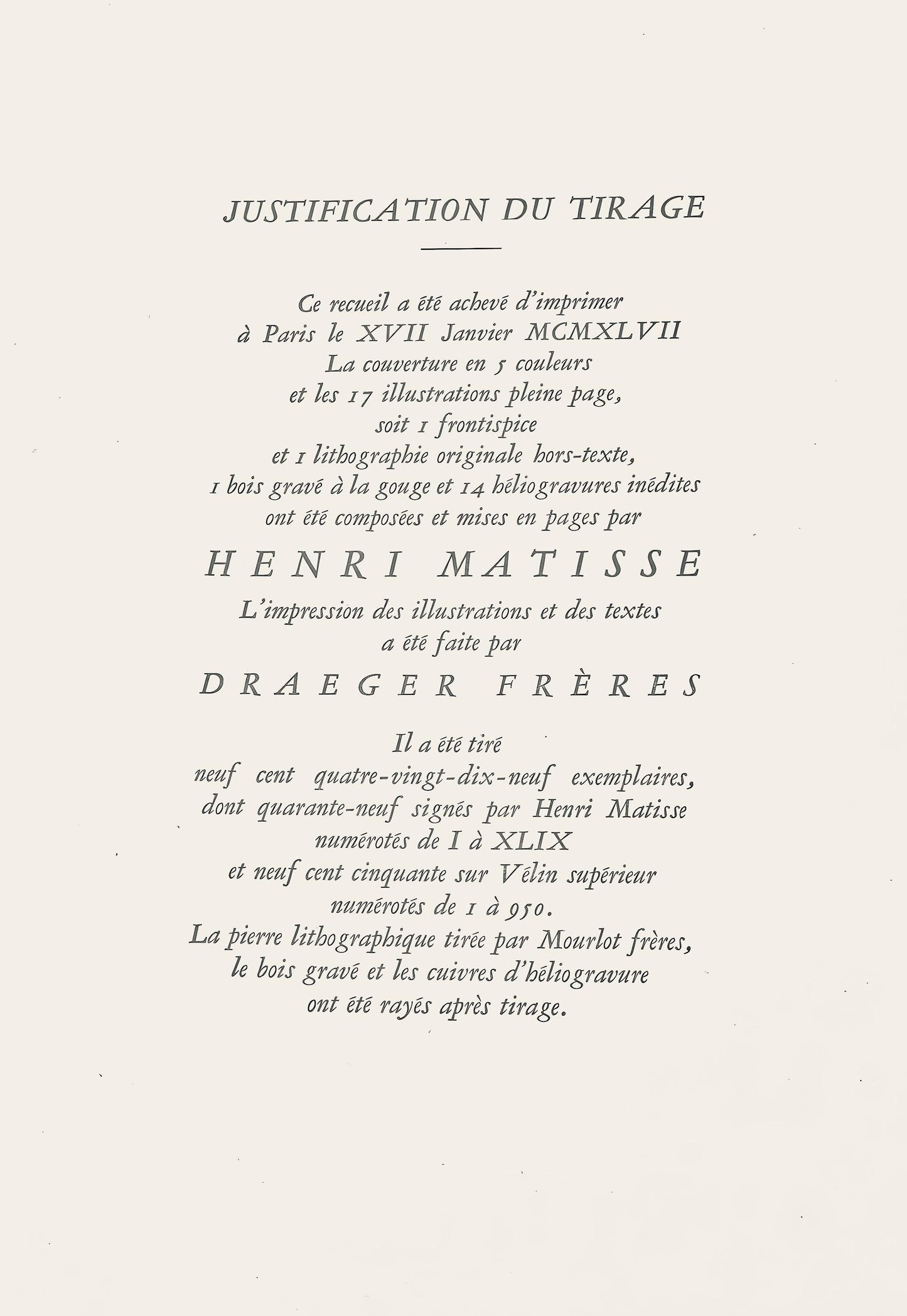 Lithograph - Henri Matisse - Composition (Duthuit No. 17) - Pierre feu - Les Miroirs profonds