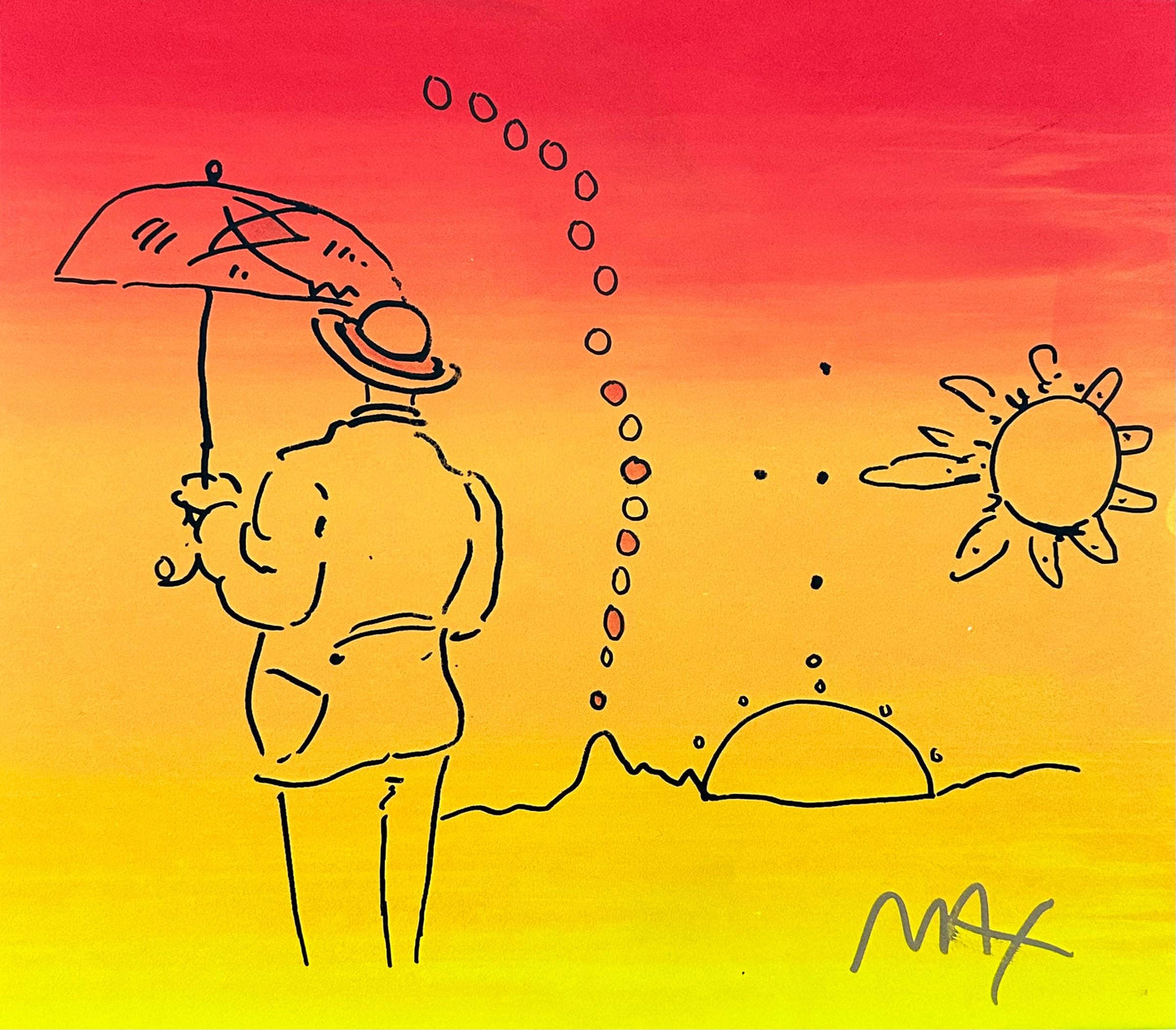 Peter Max, Umbrella Man, Hand Signed, Mixed Media Watercolor And Silkscreen Painting