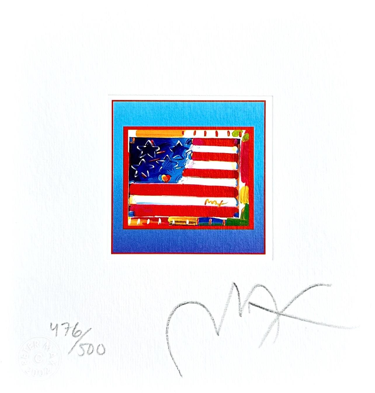 Peter Max, Flag With Heart On Blue, Hand Signed, Official Lithograph