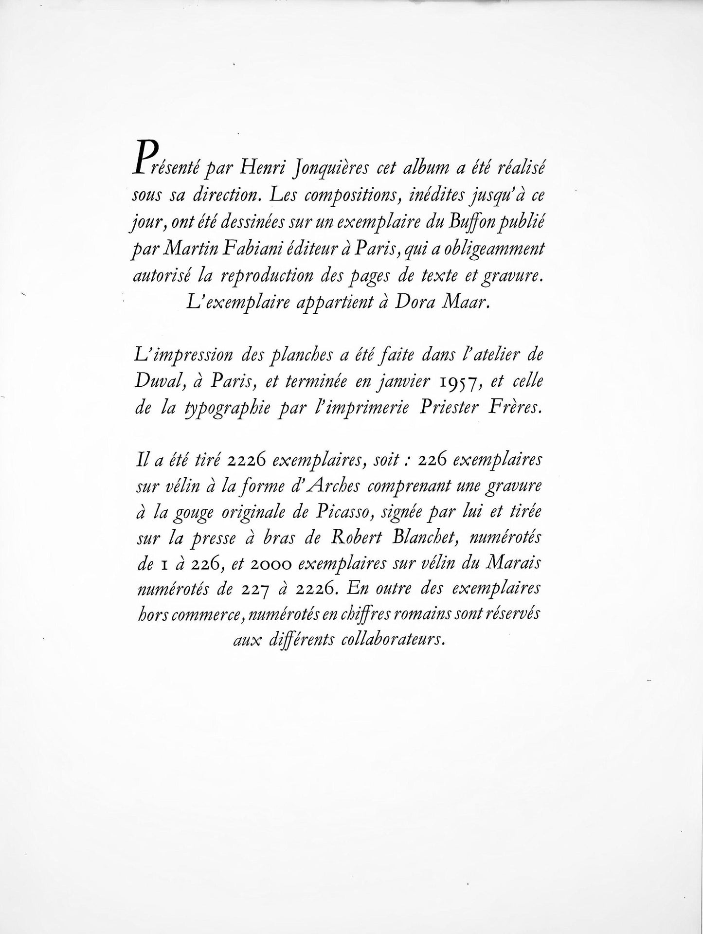 Pablo Picasso, Pigeon (Cramer 84; Johnson/Stein 77), 40 Dessins De Picasso En Marge Du Buffon,