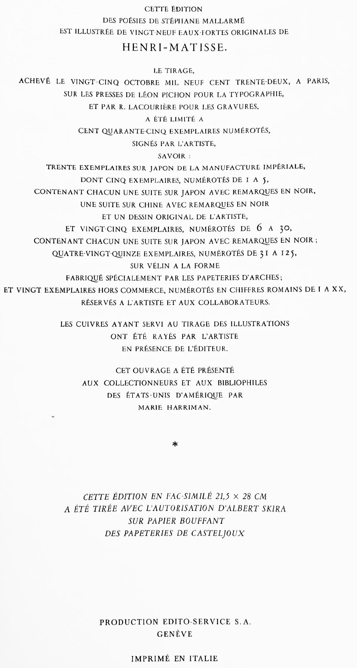 Henri Matisse, Plusieurs Sonnets, Posies De Stphane Mallarm, Lithograph
