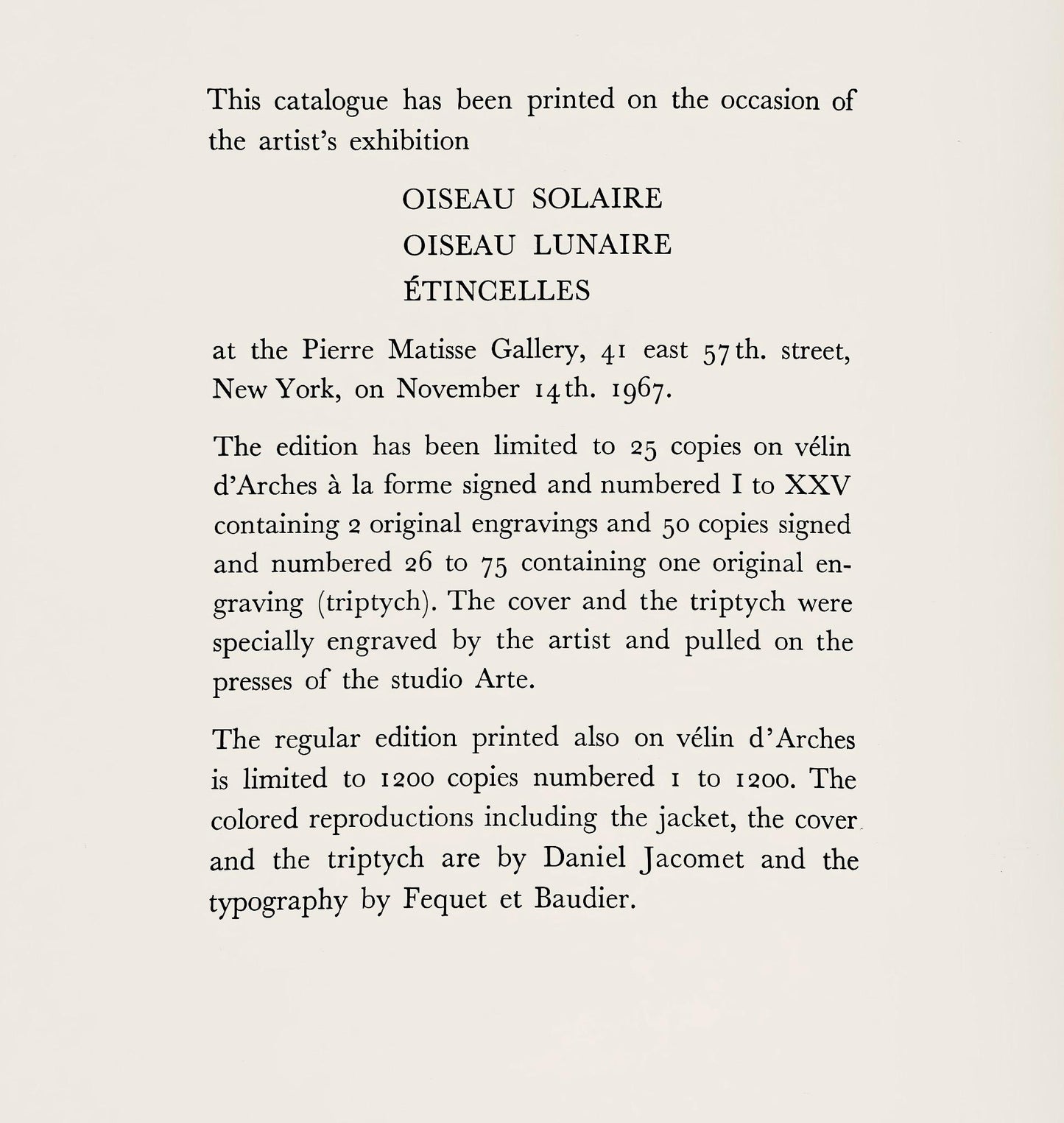 Joan Mir, L'Oiseau Solaire, L'Oiseau Lunaire, Tincelles (Cramer 117; Dupin 447-48), Lithograph