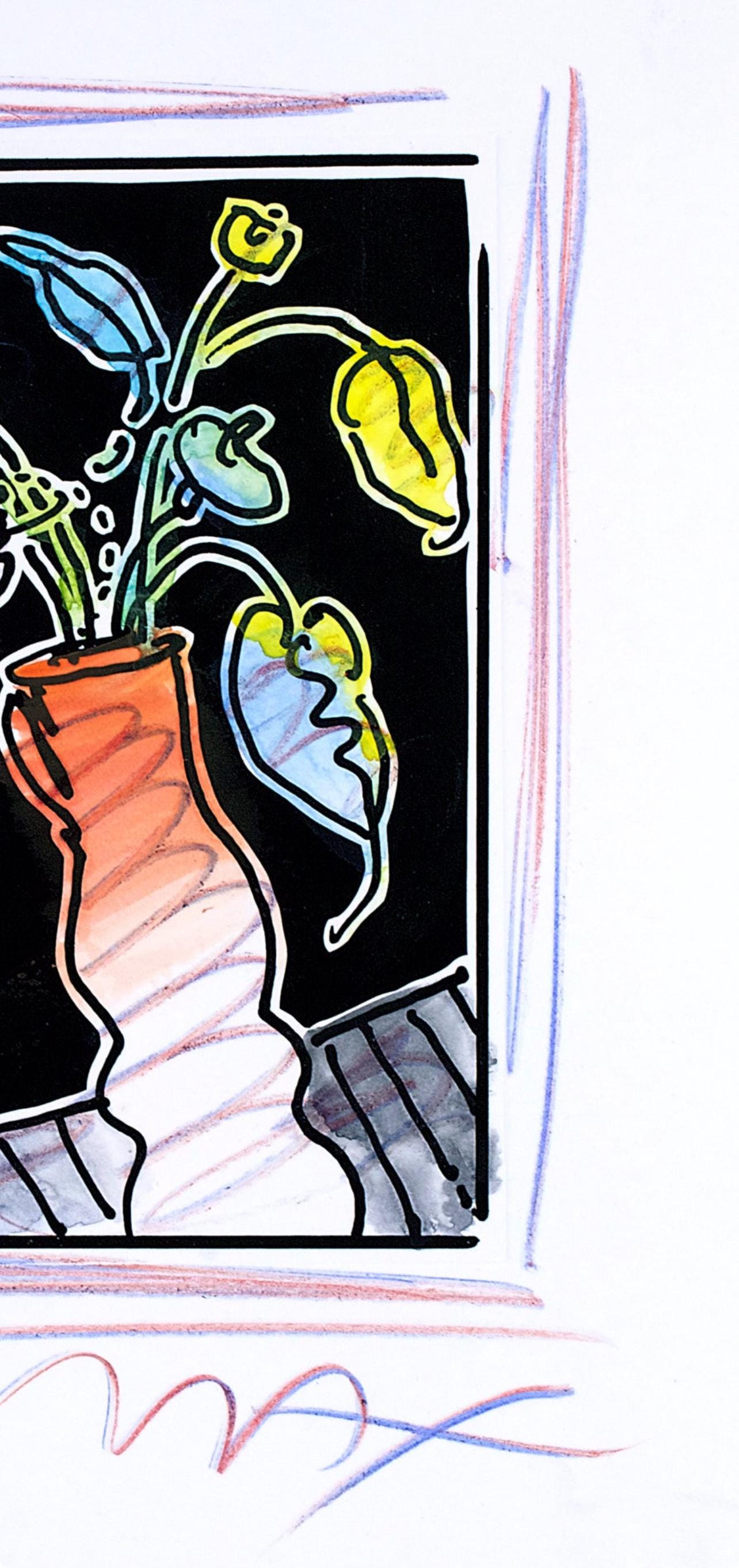 Official Edition Mixed Media - Peter Max - Vase of Flowers I - Black and White Series - Hand Signed