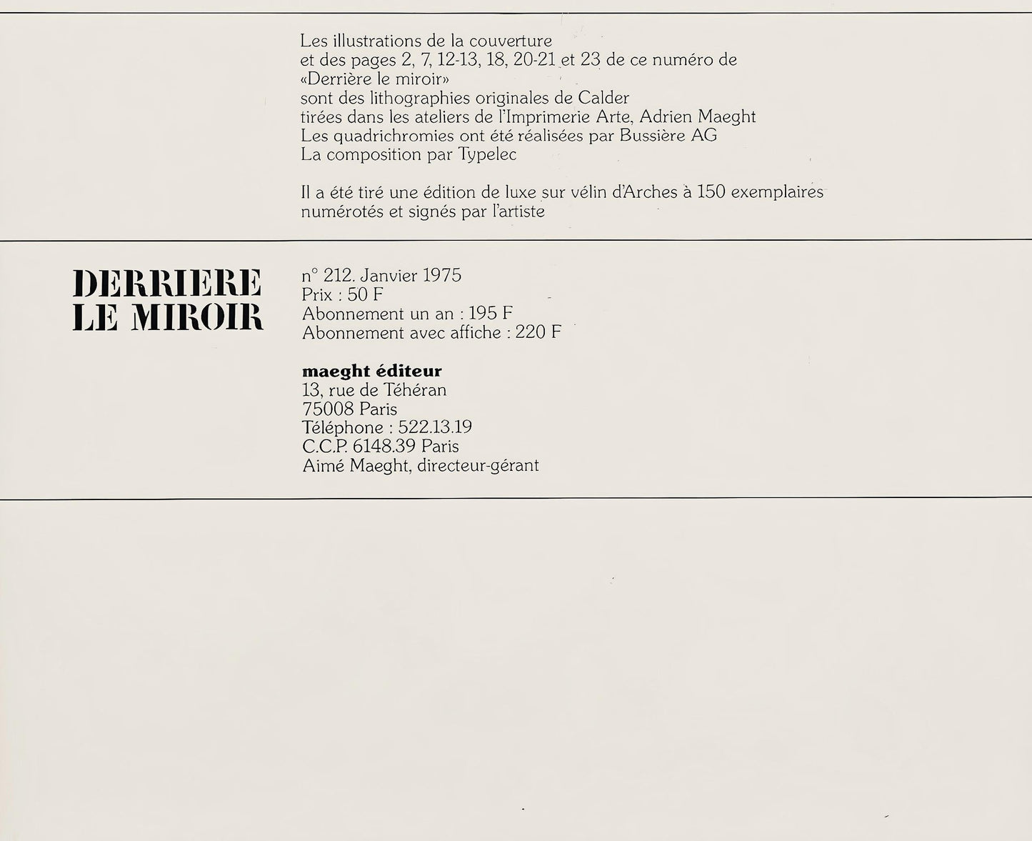 Alexander Calder, Une Famille De L-Bas Ii, Derrire Le Miroir, Lithograph