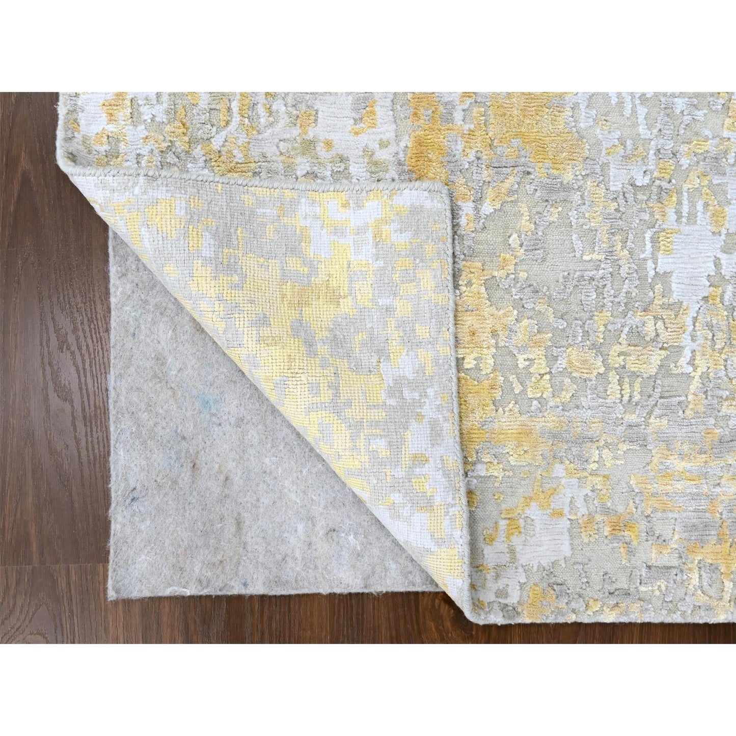 2'6"X6' Beige Abstract Design Wool-Silk Hand Knotted Runner Oriental Rug