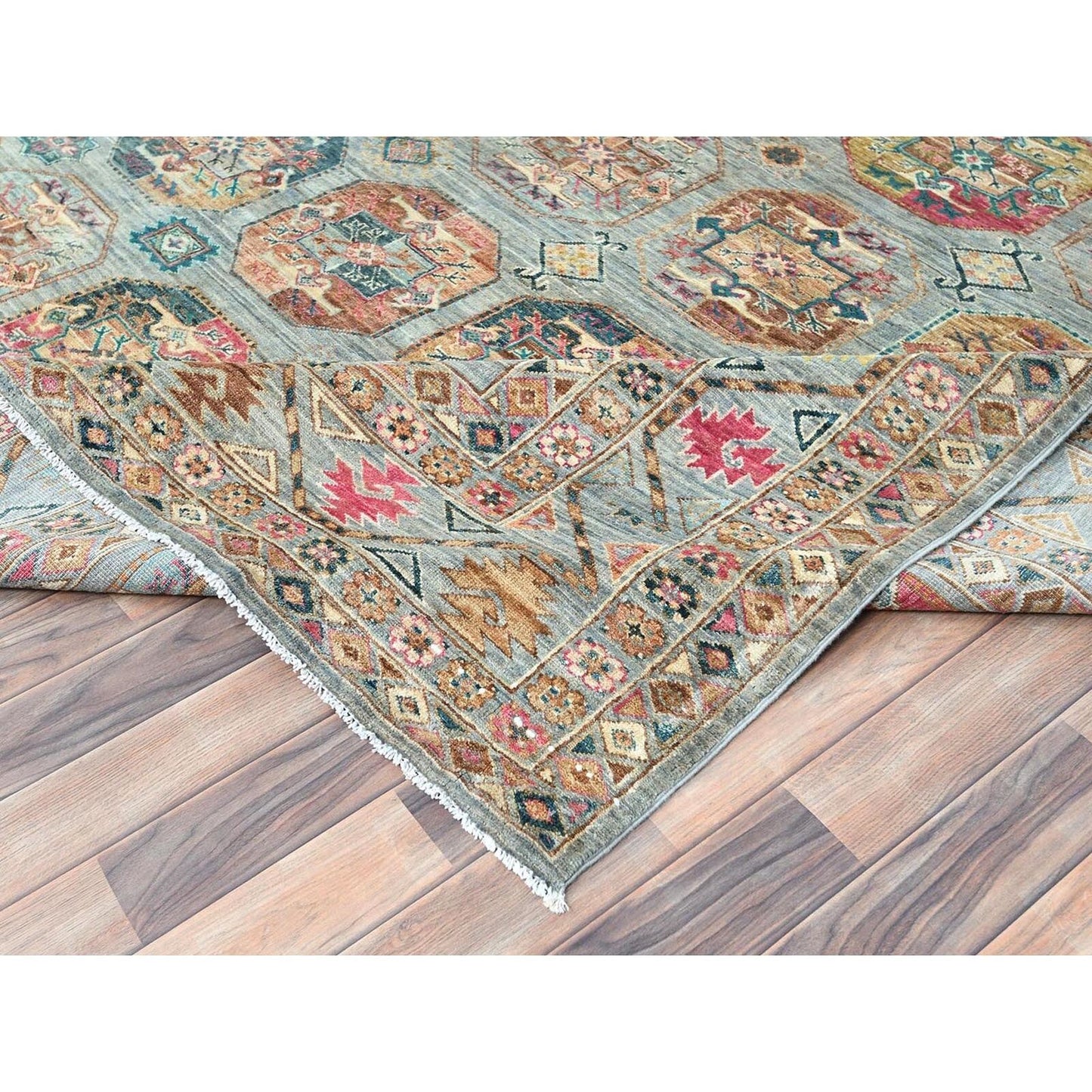 9'9"X14'1" Silver Blue Afghan Super Kazak Pure Wool Hand Knotted Rug