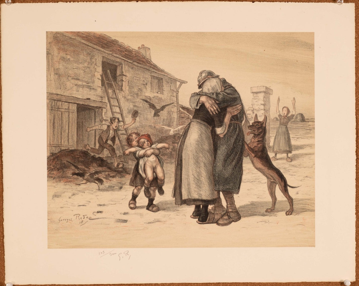 Home Coming Wwi Stone Lithographic Print By Georges Jules Redon 1918 Signed