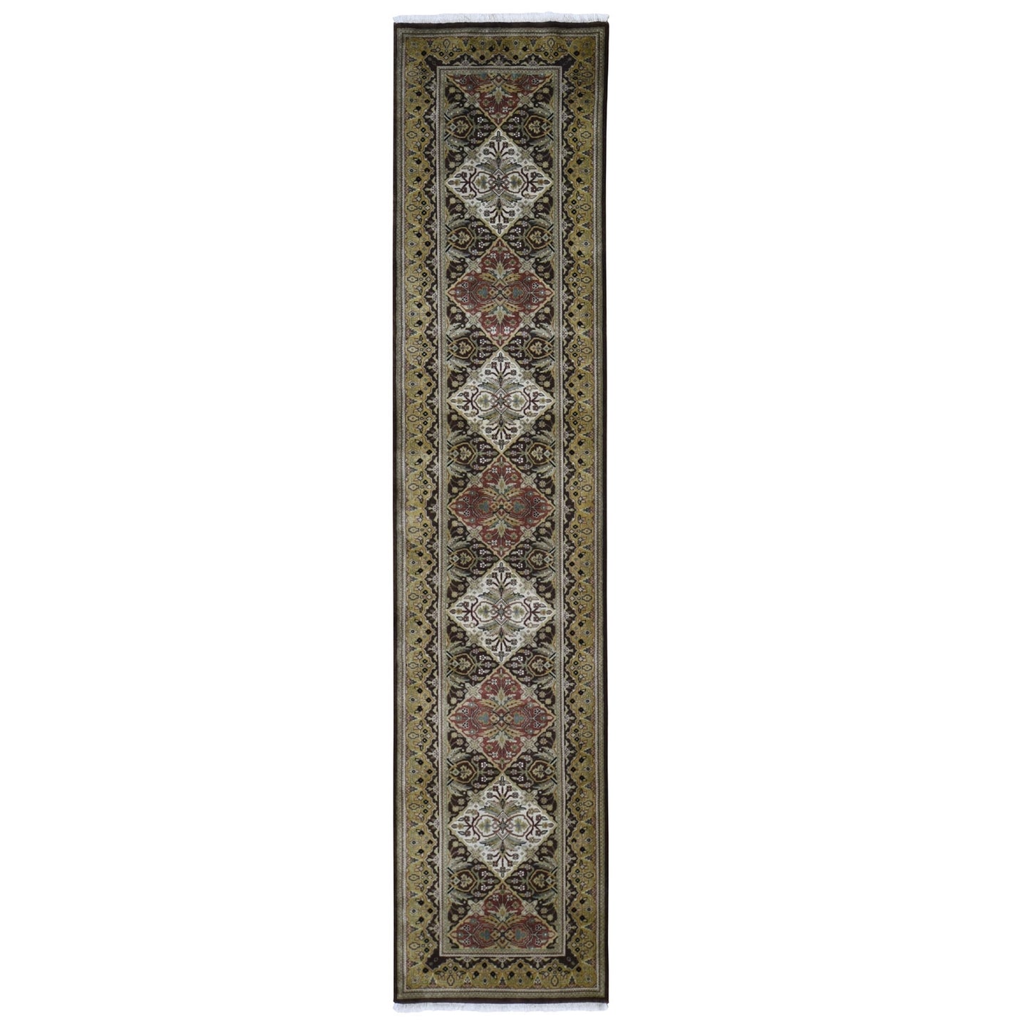 2'7"X12' Brown Tebraz Garden Design Runner Hand Knotted Pure Wool Rug