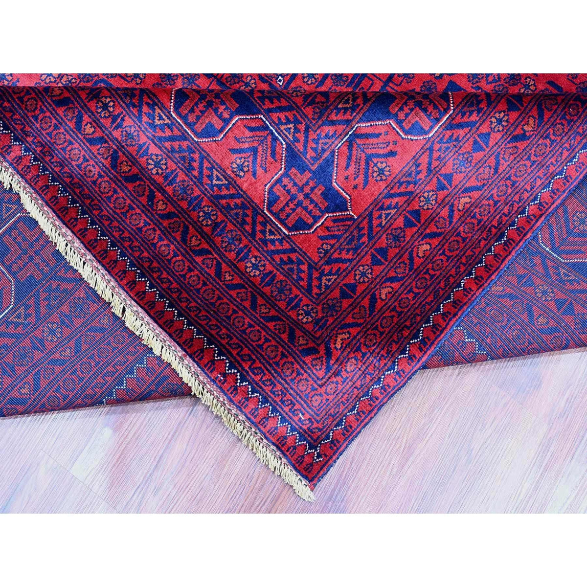9'9"X13' Deep Red Afghan Khamyab Star Design Hand Knotted 100% Wool Rug