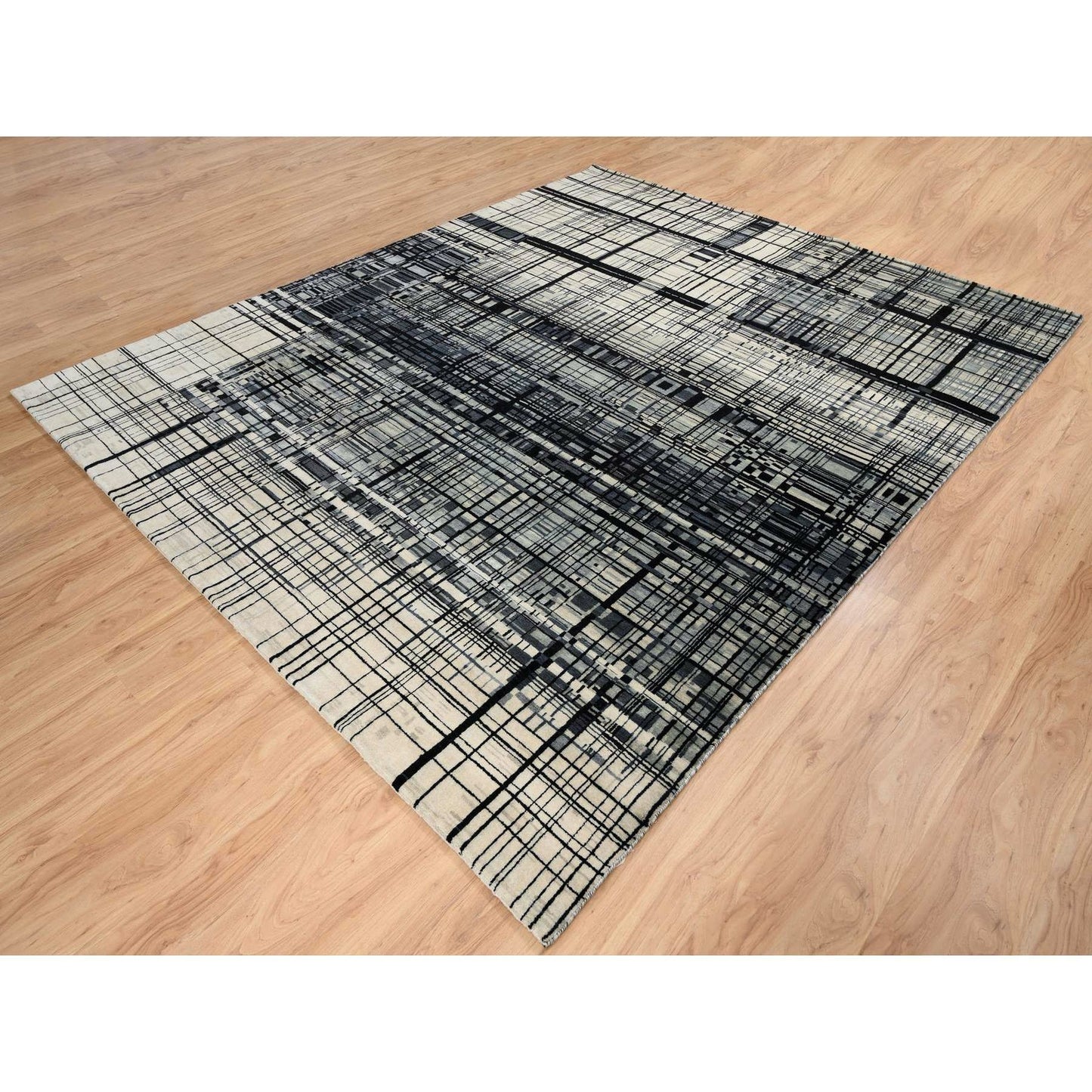 8'2"X9'9" Black Modern Lines Design Ghazni Wool Hand Knotted Rug