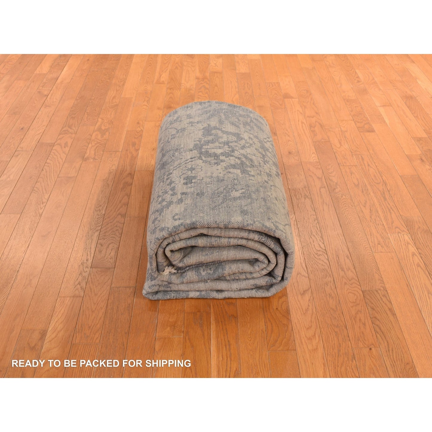 9'1"X12' Tan Color Erased Zoroastrian Design Wool & Silk Hand Knotted Rug