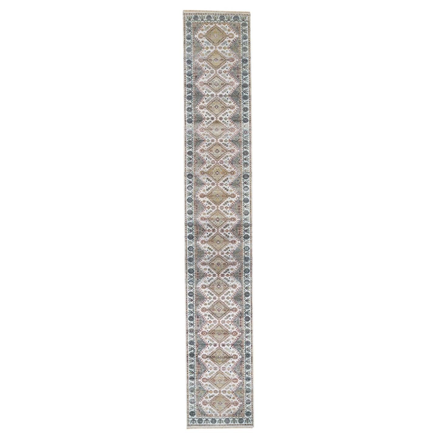 2'7"X18' Ivory Hand Knotted Flower Rosettes Border Xl Runner Oriental Rug