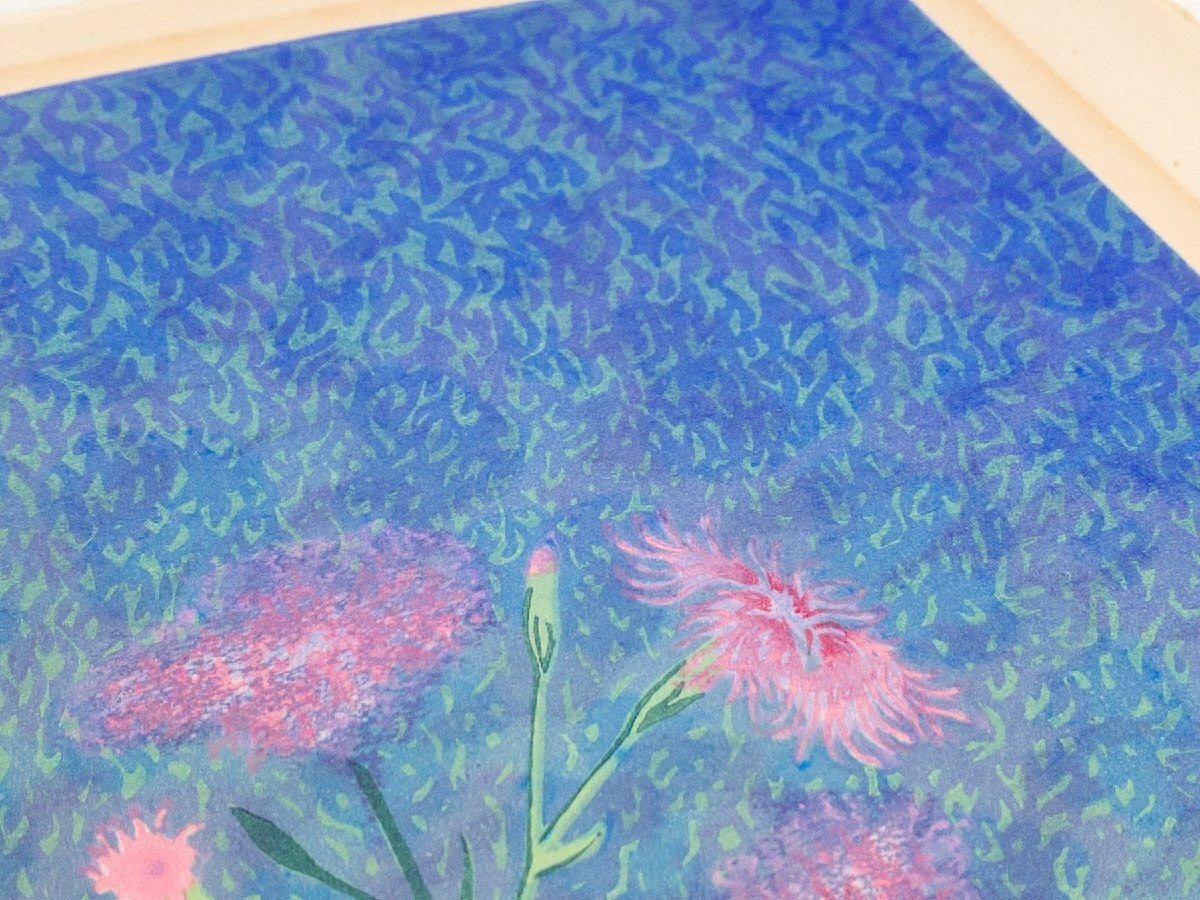 Munenori Makino Nadeshiko Flowers 1989 Japanese Woodblock Print Signed Sheet