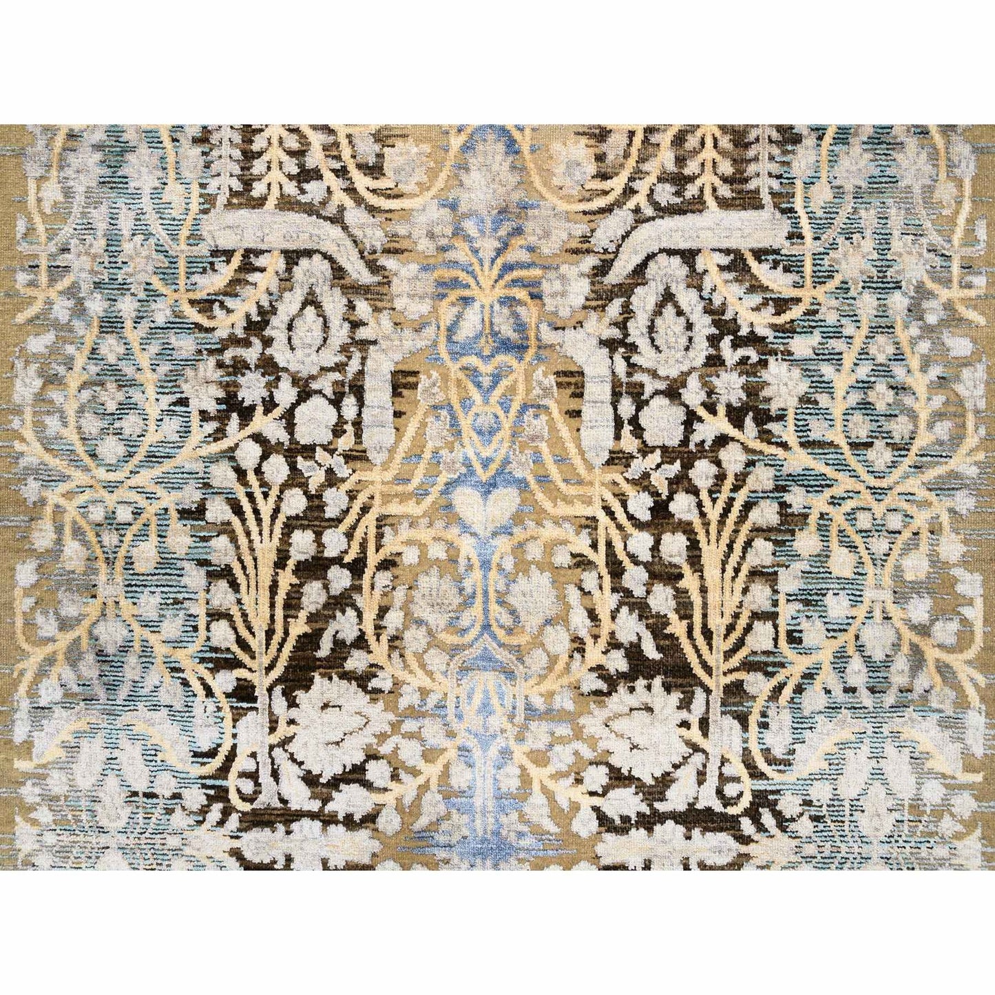4'X12' Gold Brown Silk With Textured Wool Hand Knotted Wide Runner Rug