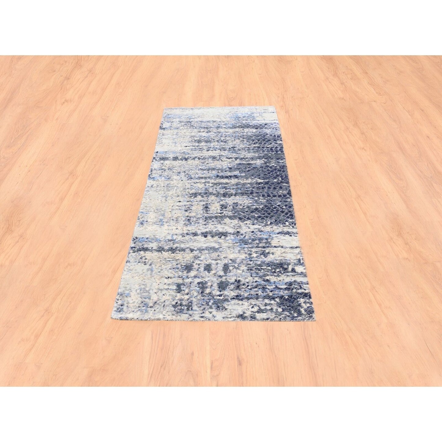2'5"X6'1" Blue Abstract Mosaic Design Wool-Silk Hand Knotted Runner Rug