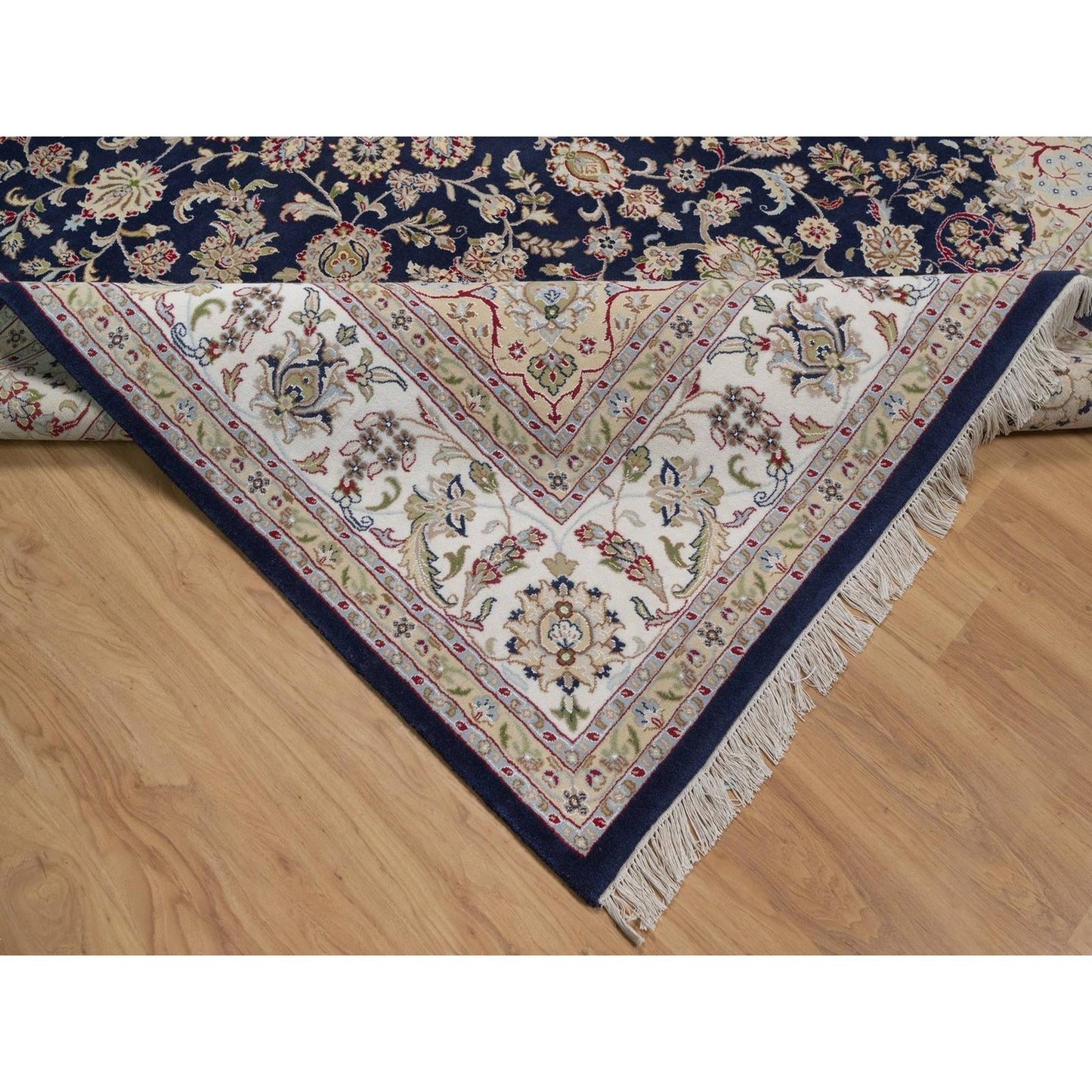 9'X12'2" Midnight Blue Nain Flower Design Wool And Silk Hand Knotted Rug