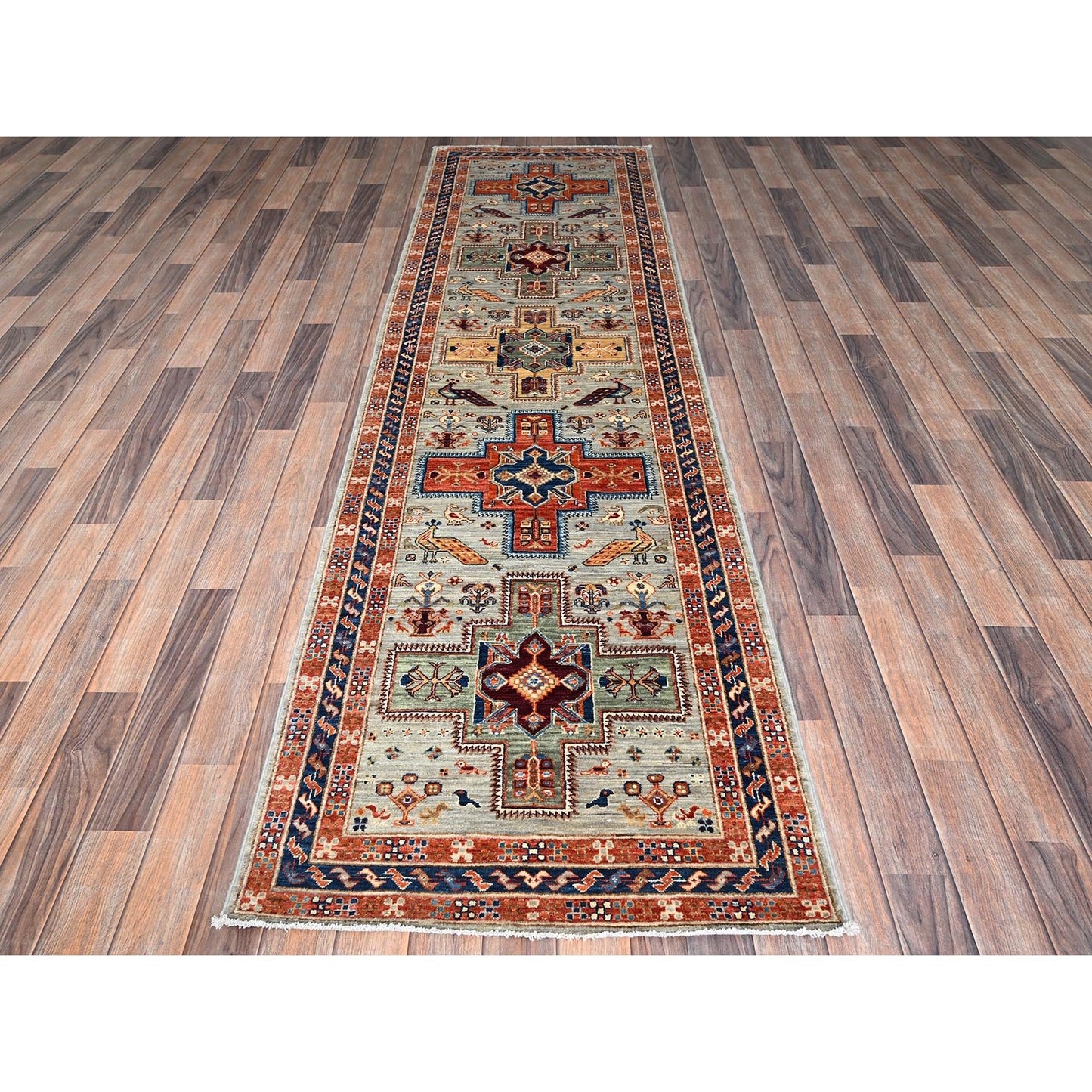 2'8"X9'7" Misty Gray Caucasian Design Soft Wool Hand Knotted Runner Rug