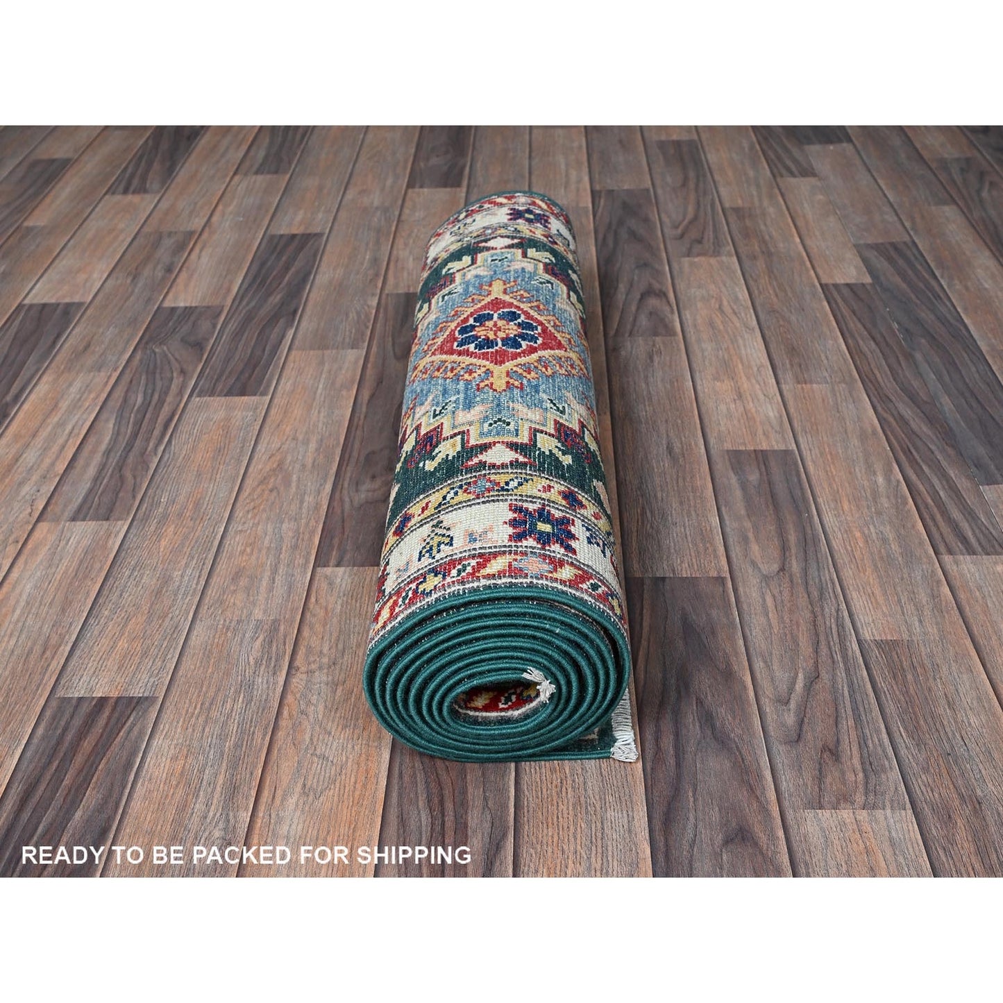 2'6"X9'9" Green Kazak With Medallions Design Wool Hand Knotted Runner Rug