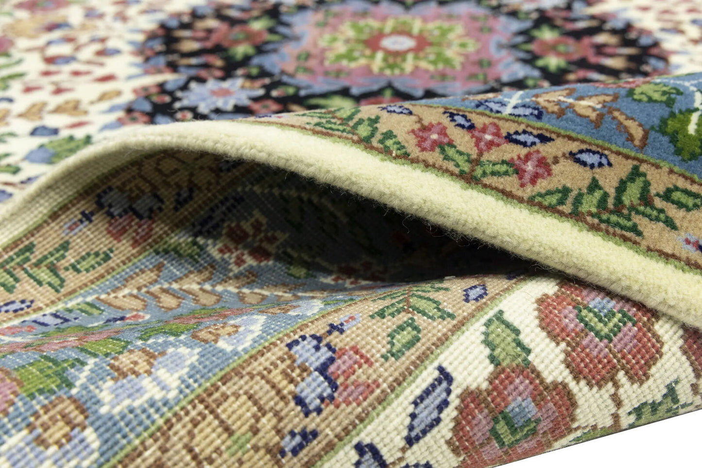 Handmade Kirman Oriental Rug Cream & Blue Floral
