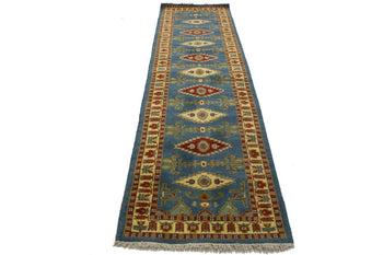3X10 Ft Handmade Kazak Runner Rug Blue Geometric