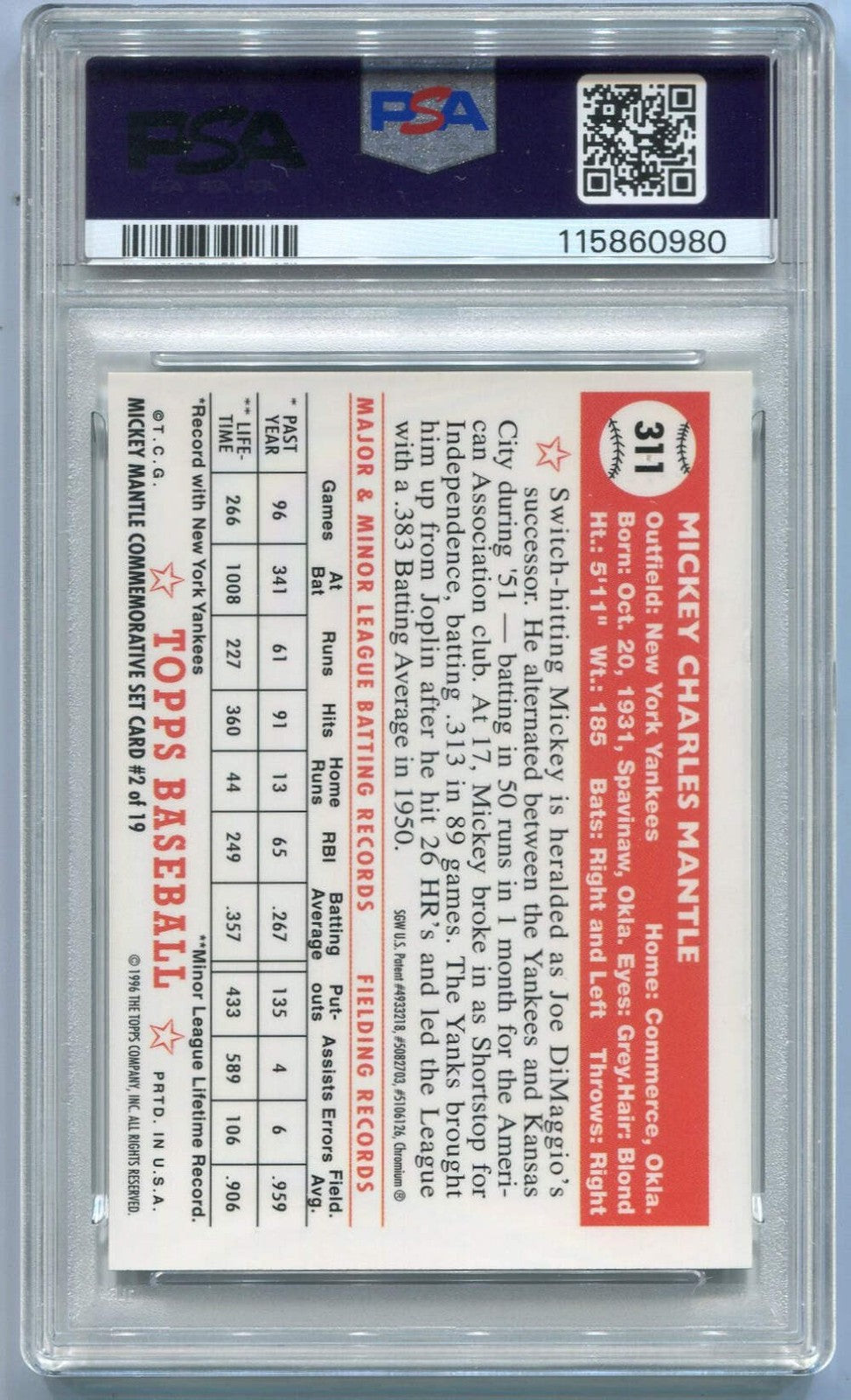 Mickey Mantle 1996 Topps Finest 1952 Reprint Refractor Card #2 W/Coating Psa Gra
