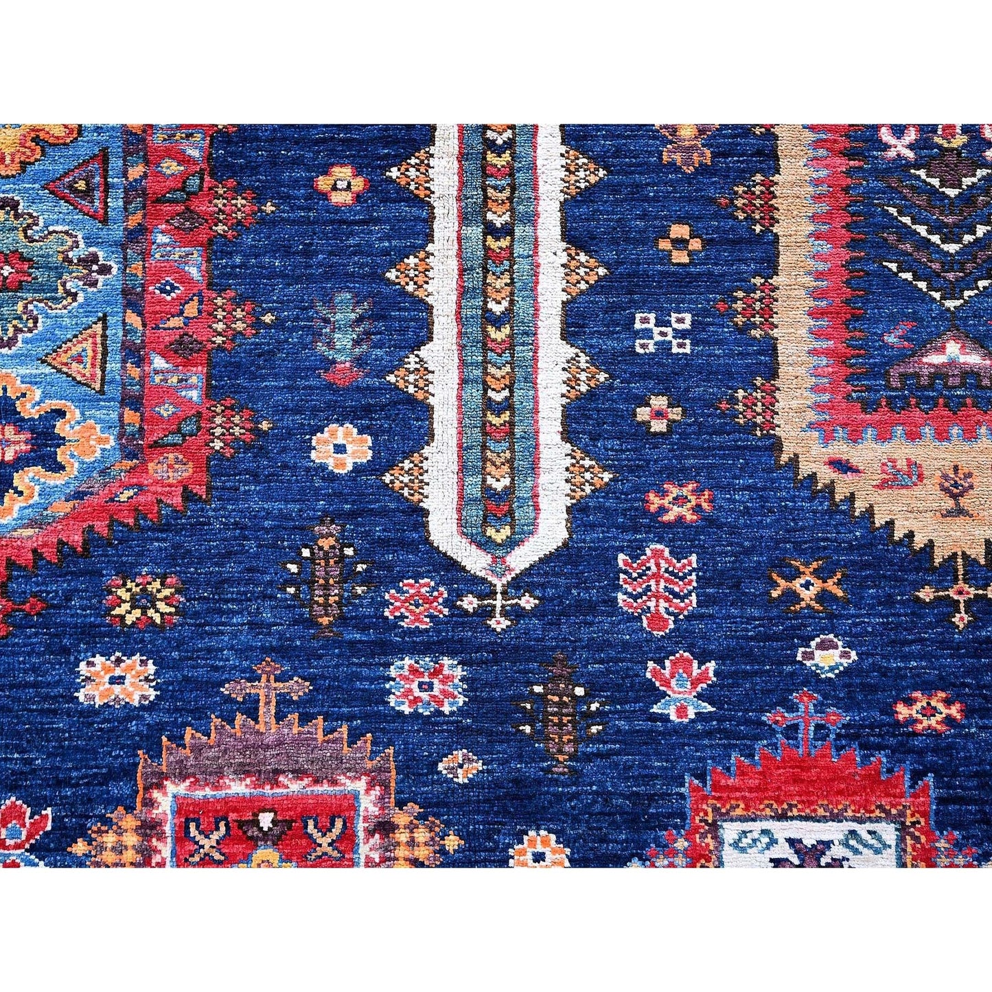 6'4"X8'9" Blue Afghan Ersari Caucasian Design Revival Wool Hand Knotted Rug