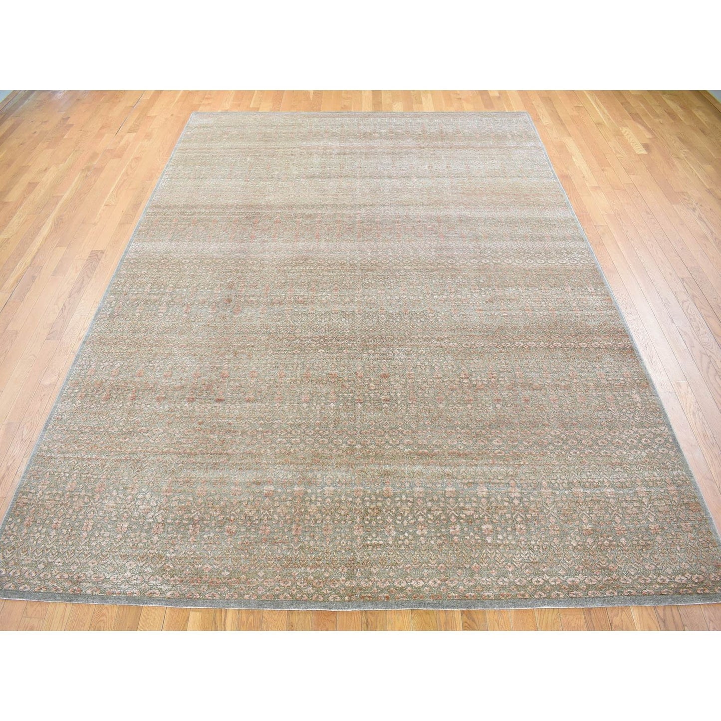 9'X12'2" Taupe, Repetitive Flower Design, Silken Wool Hand Knotted, Rug